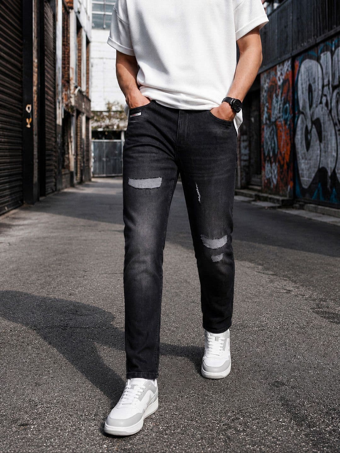 The Indian Garage Co Men Black Slim Fit Low Distress Light Fade Streachable Jeans - view 1