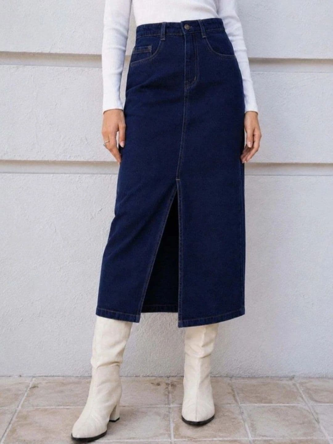 Pink Clap Fashion Women Denim Front Slit Midi Straight Skirt - view 1