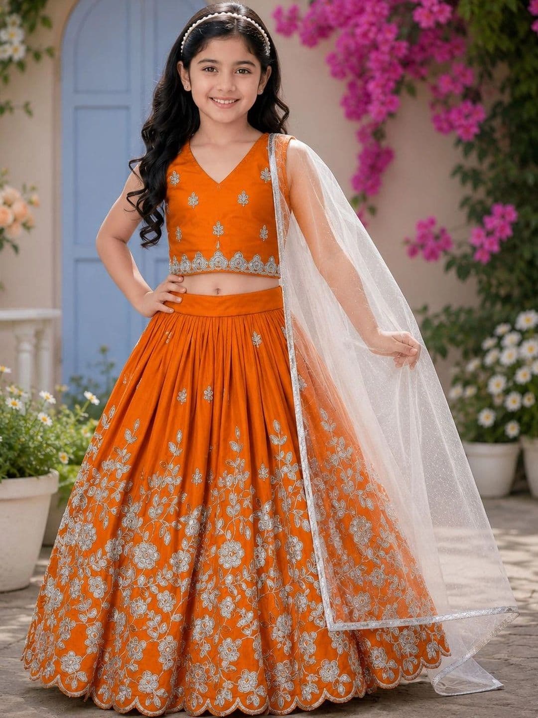 DRISHIV ENTERPRISE Girls Embroidered Thread Work Ready to Wear Lehenga & Blouse With Dupatta - view 1