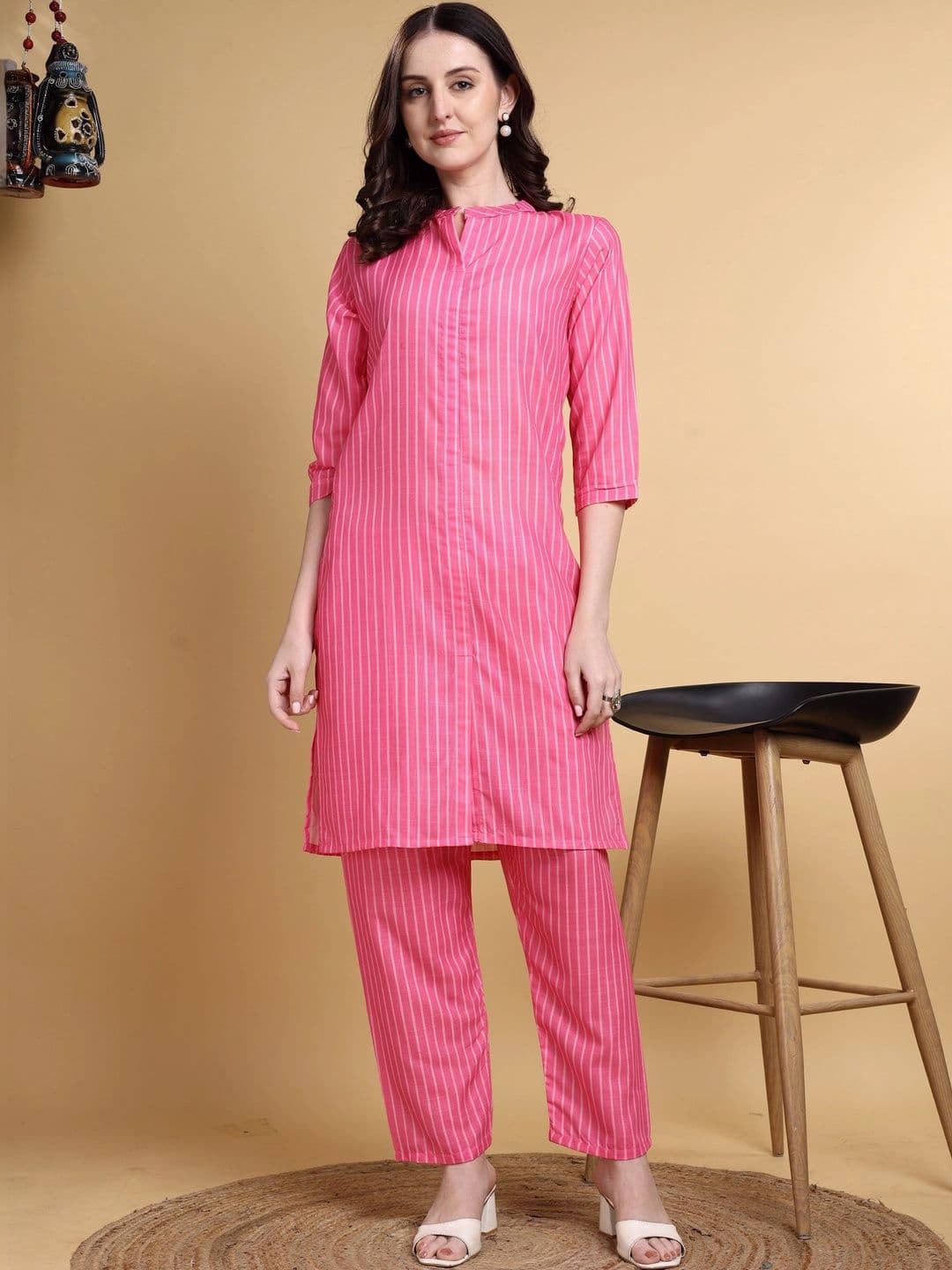 KALINI Women Striped Regular Linen Kurta with Trousers - view 1