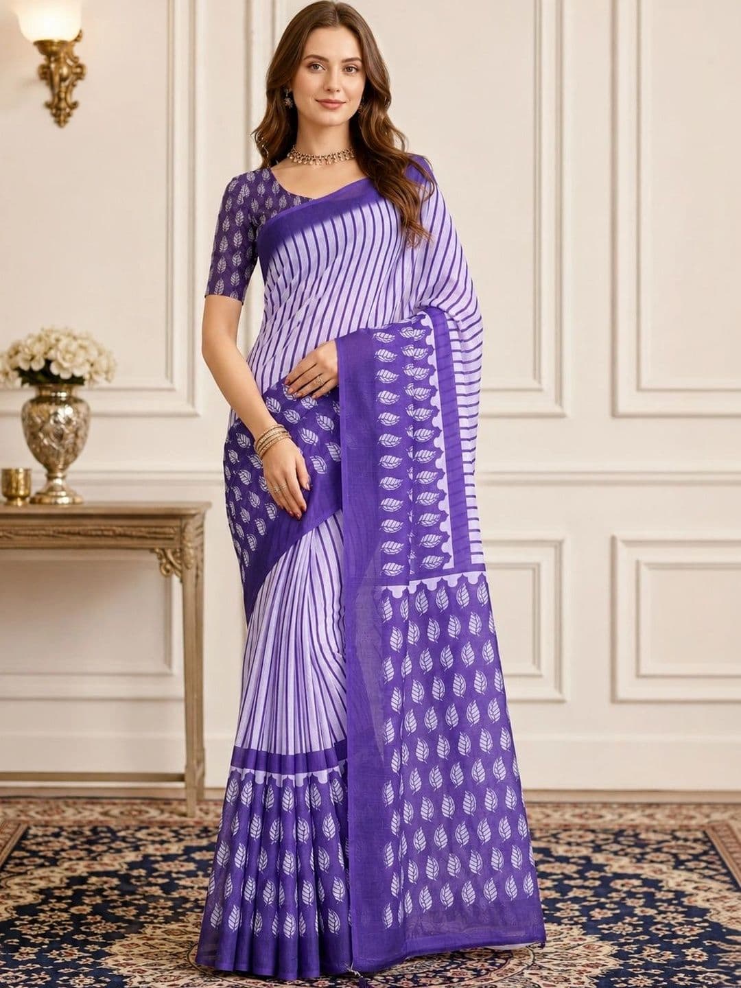 Mitera Striped Zari Linen Blend Designer Block Print Saree - view 1