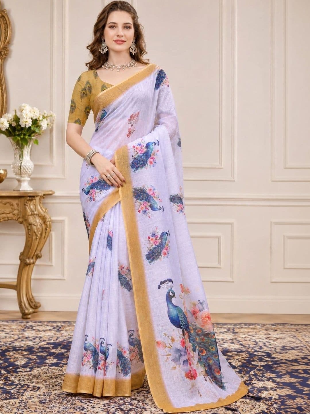 Mitera Ethnic Motifs Zari Linen Blend Designer Block Print Saree - view 1