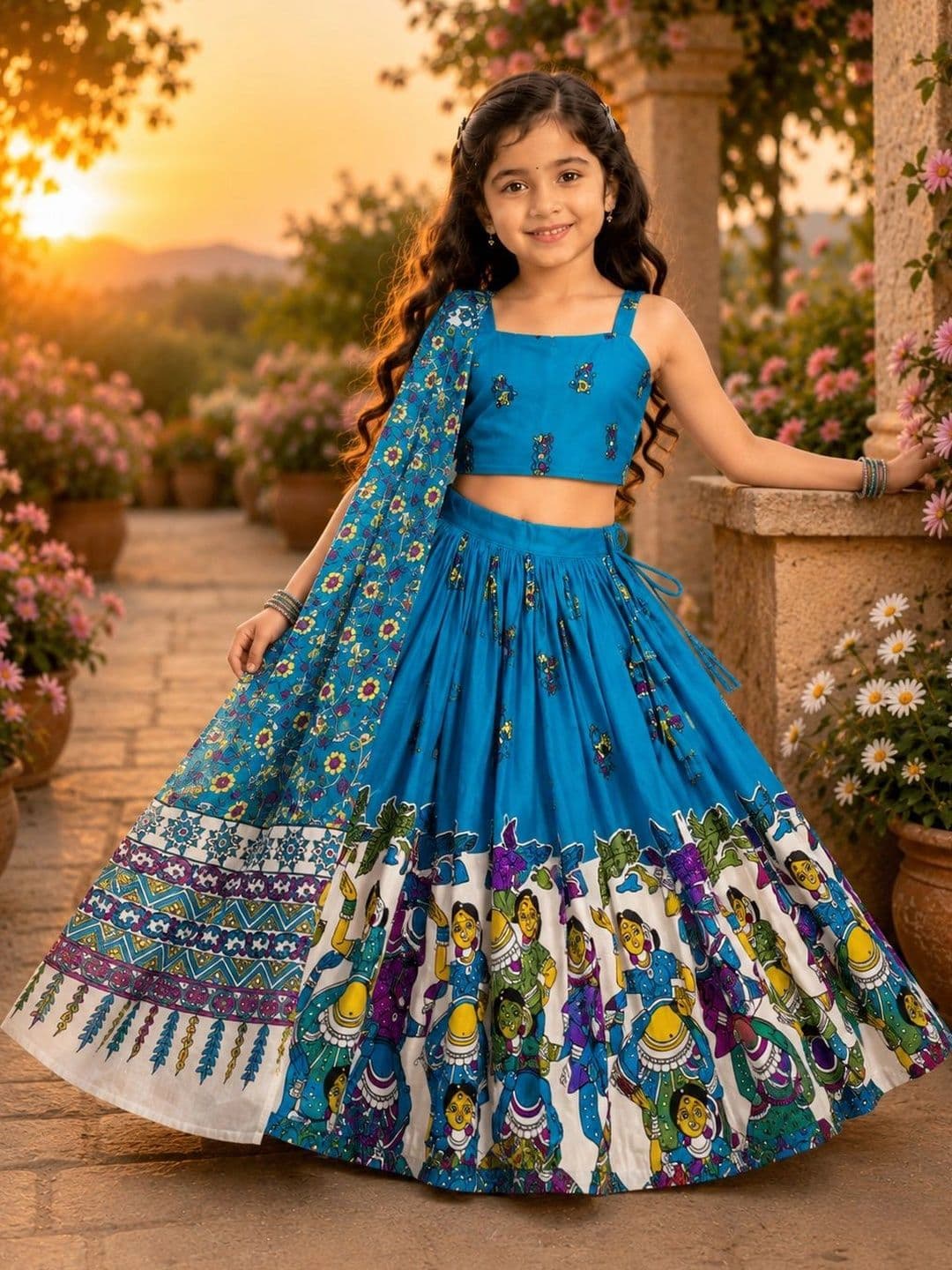 DRISHIV ENTERPRISE Girls Printed Kalamkari Ready to Wear Lehenga & Blouse With Dupatta - view 1