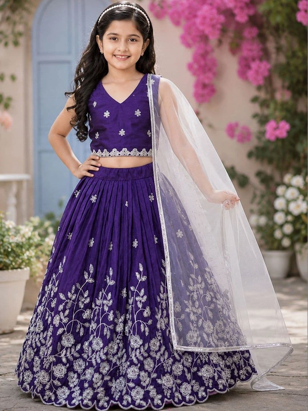 DRISHIV ENTERPRISE Girls Embroidered Thread Work Ready to Wear Lehenga & Blouse With Dupatta - view 1