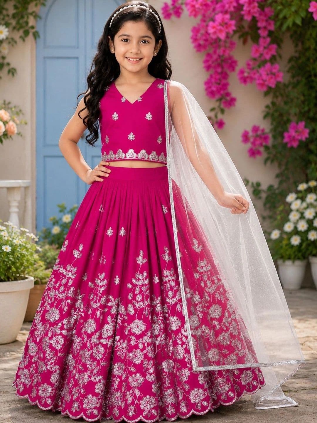 DRISHIV ENTERPRISE Girls Thread Work Ready to Wear Lehenga & Blouse With Dupatta - view 1