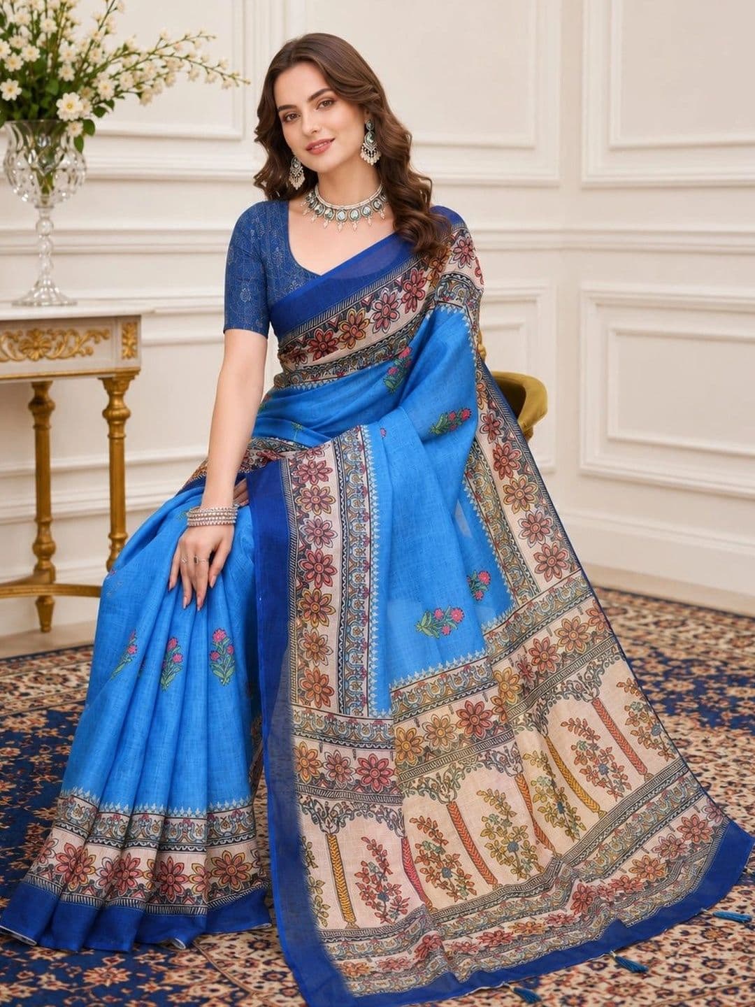 KALINI Kalamkari Zari Linen Blend Designer Block Print Saree - view 1