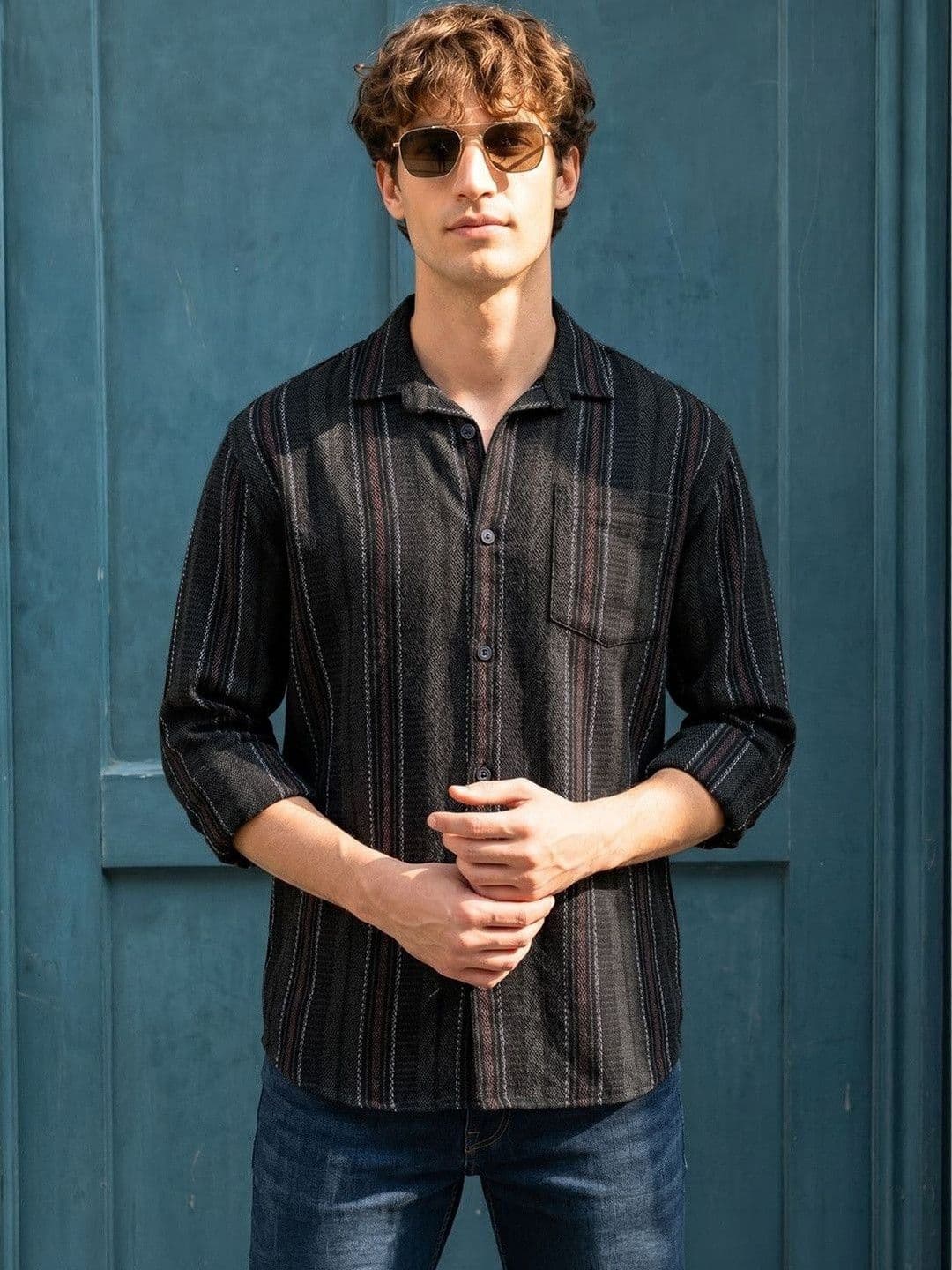 The Indian Garage Co Men Relaxed Fit Striped Dobby Textured Resortwear Shirt - view 1