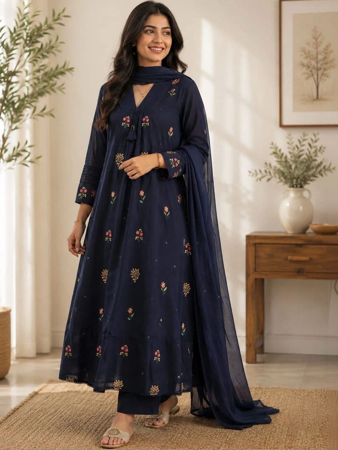 MARIONETTEFASHION Women Floral Thread Work Pure Cotton Kurta with Trousers & With Dupatta - view 1