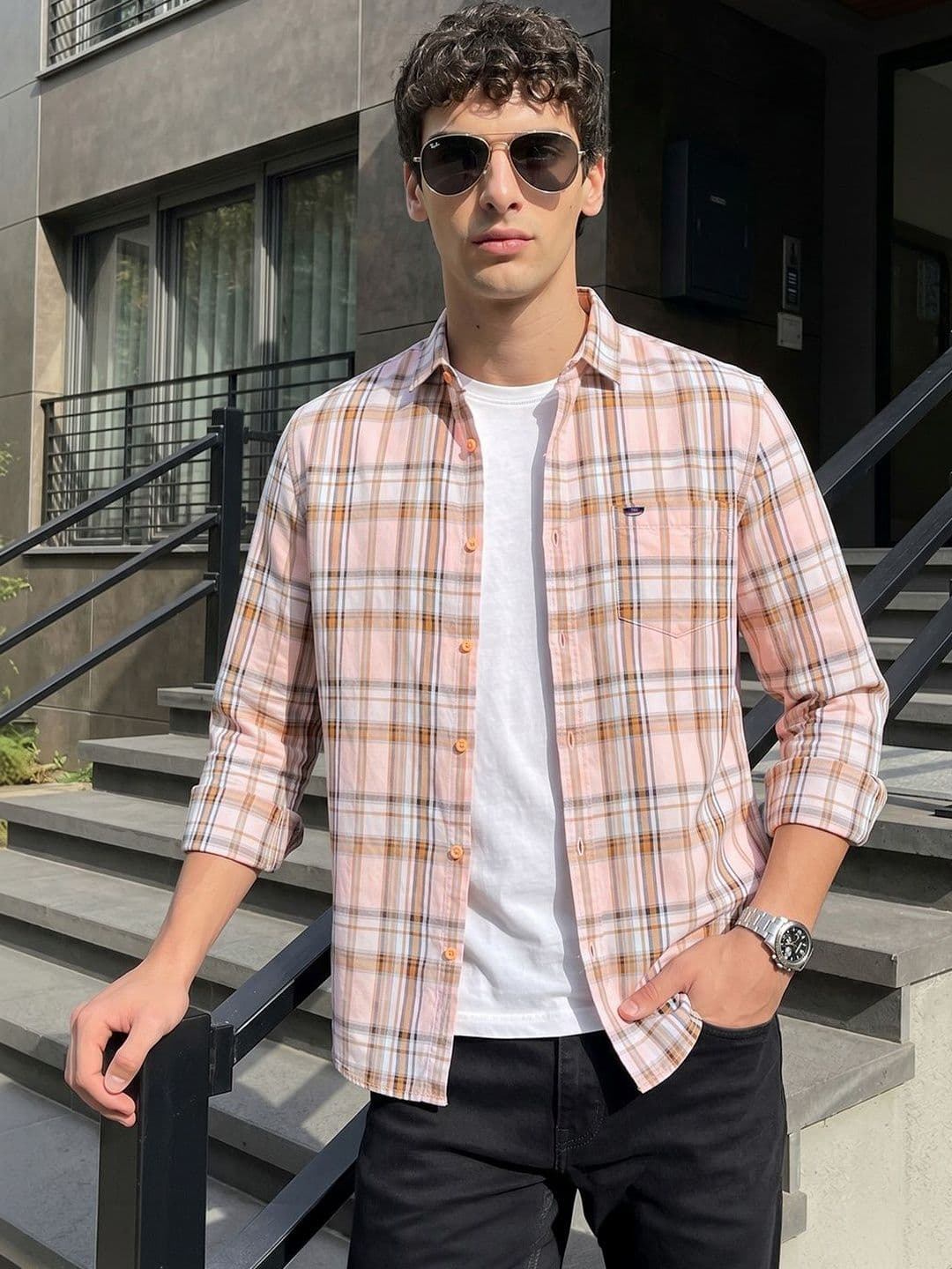 The Indian Garage Co Men Spread Collar Checked Cotton Slim Fit Casual Shirt - view 1