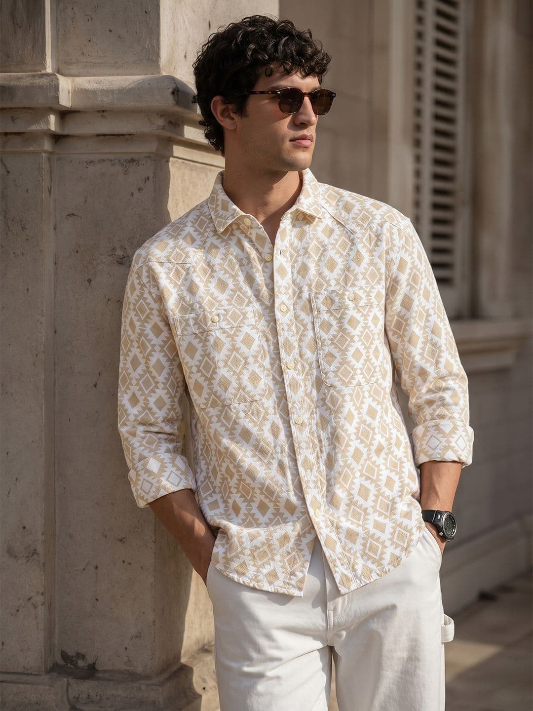 The Indian Garage Co Geometric Self-Design Drop-Shoulder Sleeves Relaxed Fit Casual Shirt - view 1