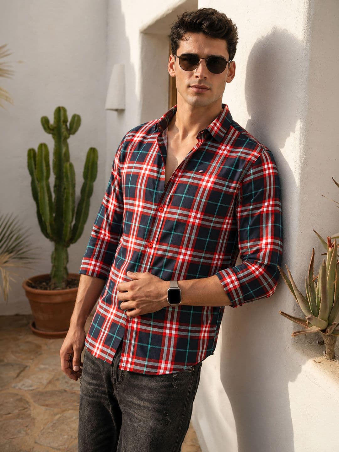 The Indian Garage Co Men Cutaway Collar Checked Cotton Slim Fit Casual Shirt - view 1