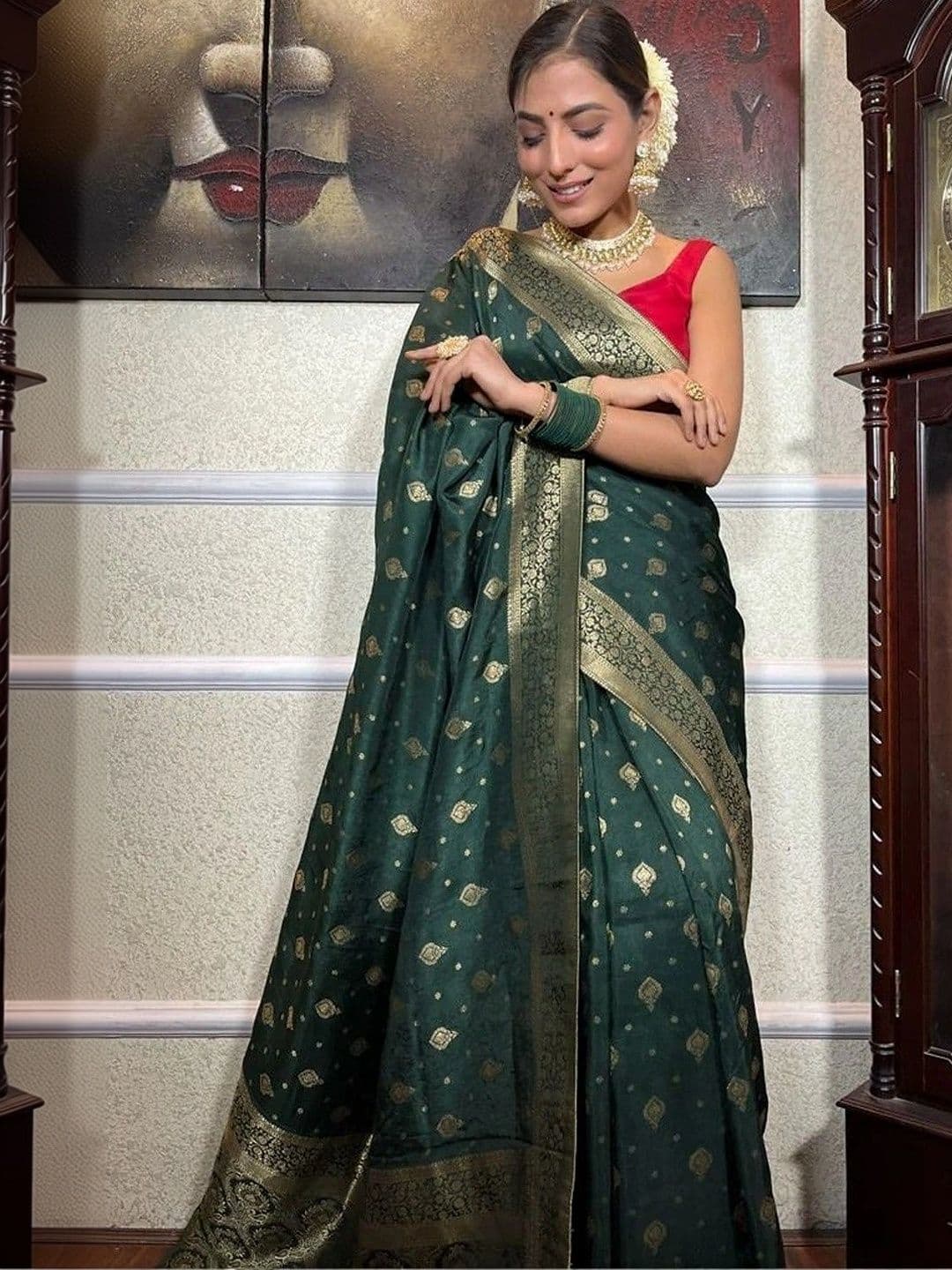 HOLLYBEE TELLS Ethnic Motifs Zari Silk Blend Fusion Chanderi Saree - view 1