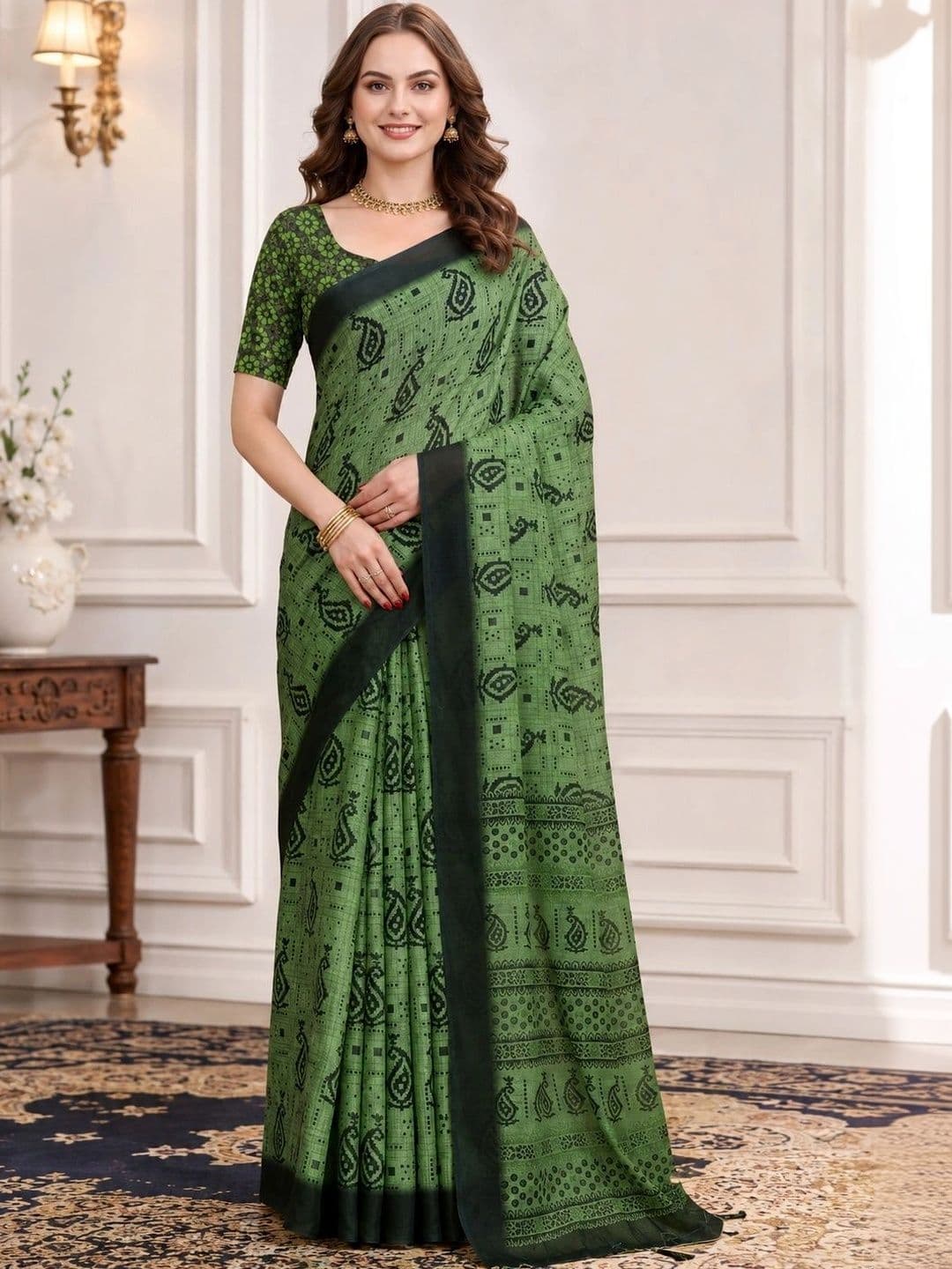 Mitera Paisley Zari Linen Blend Designer Block Print Saree - view 1