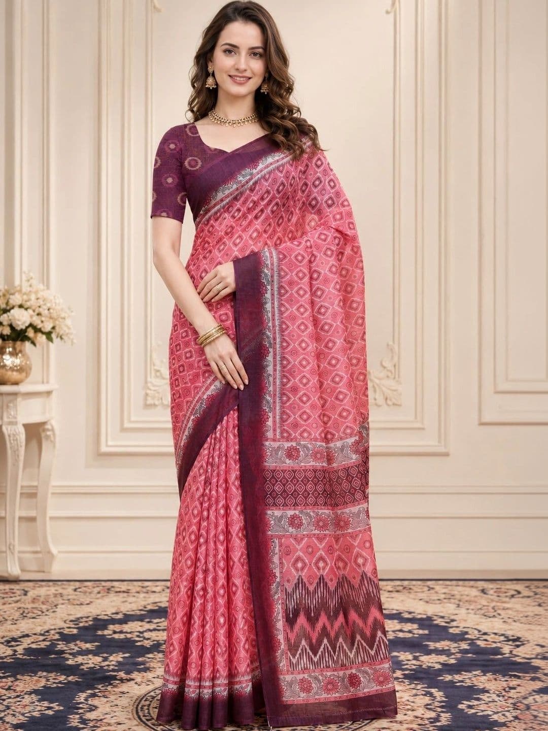 DIVASTRI Ethnic Motifs Zari Linen Blend Designer Block Print Saree - view 1