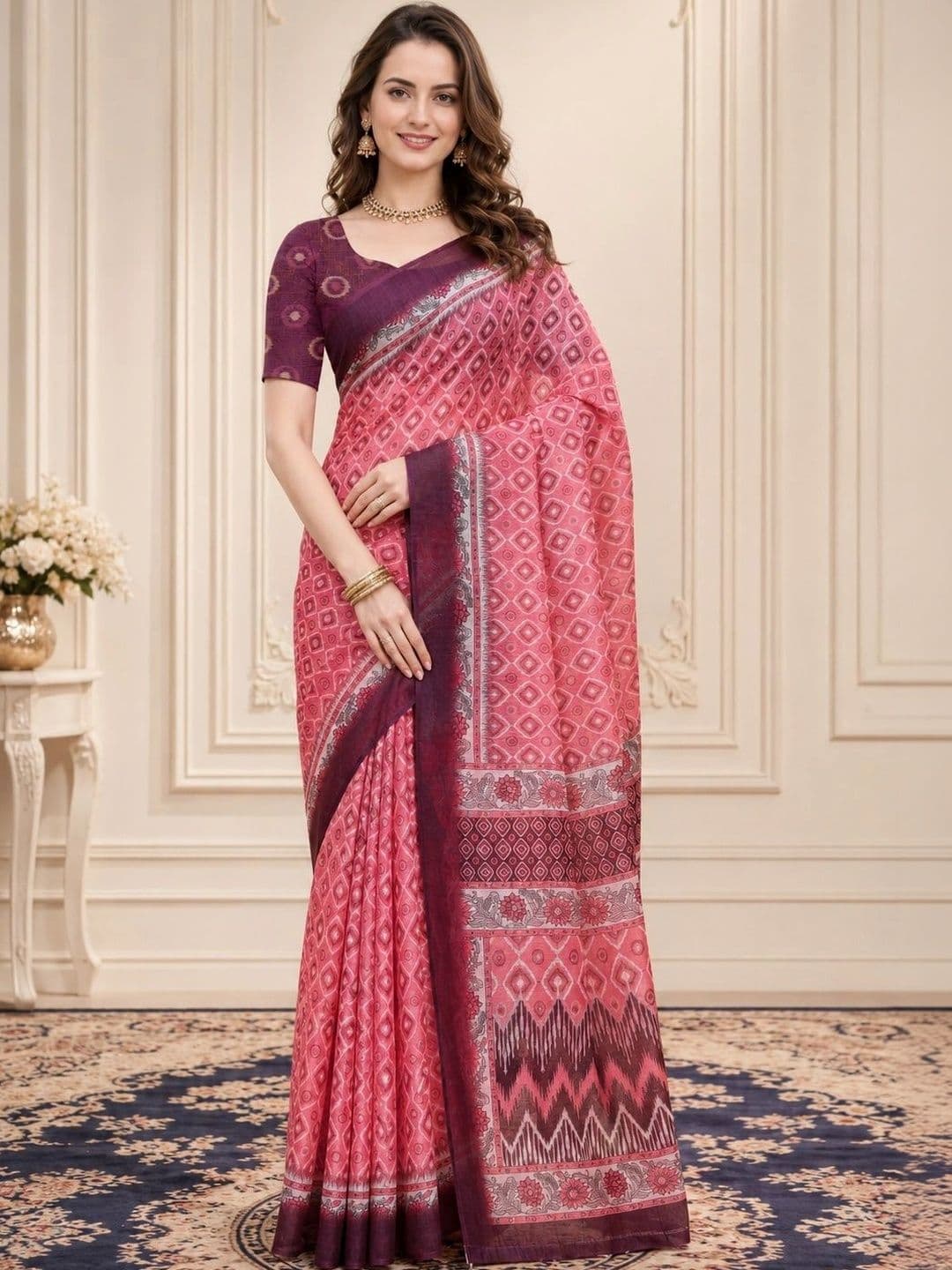 HERE&NOW Ethnic Motifs Zari Linen Blend Designer Block Print Saree - view 1