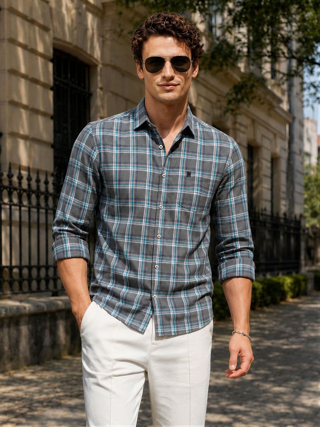 The Indian Garage Co Men Charcoal Grey & Green Checked Pure Cotton Casual Shirt - view 1