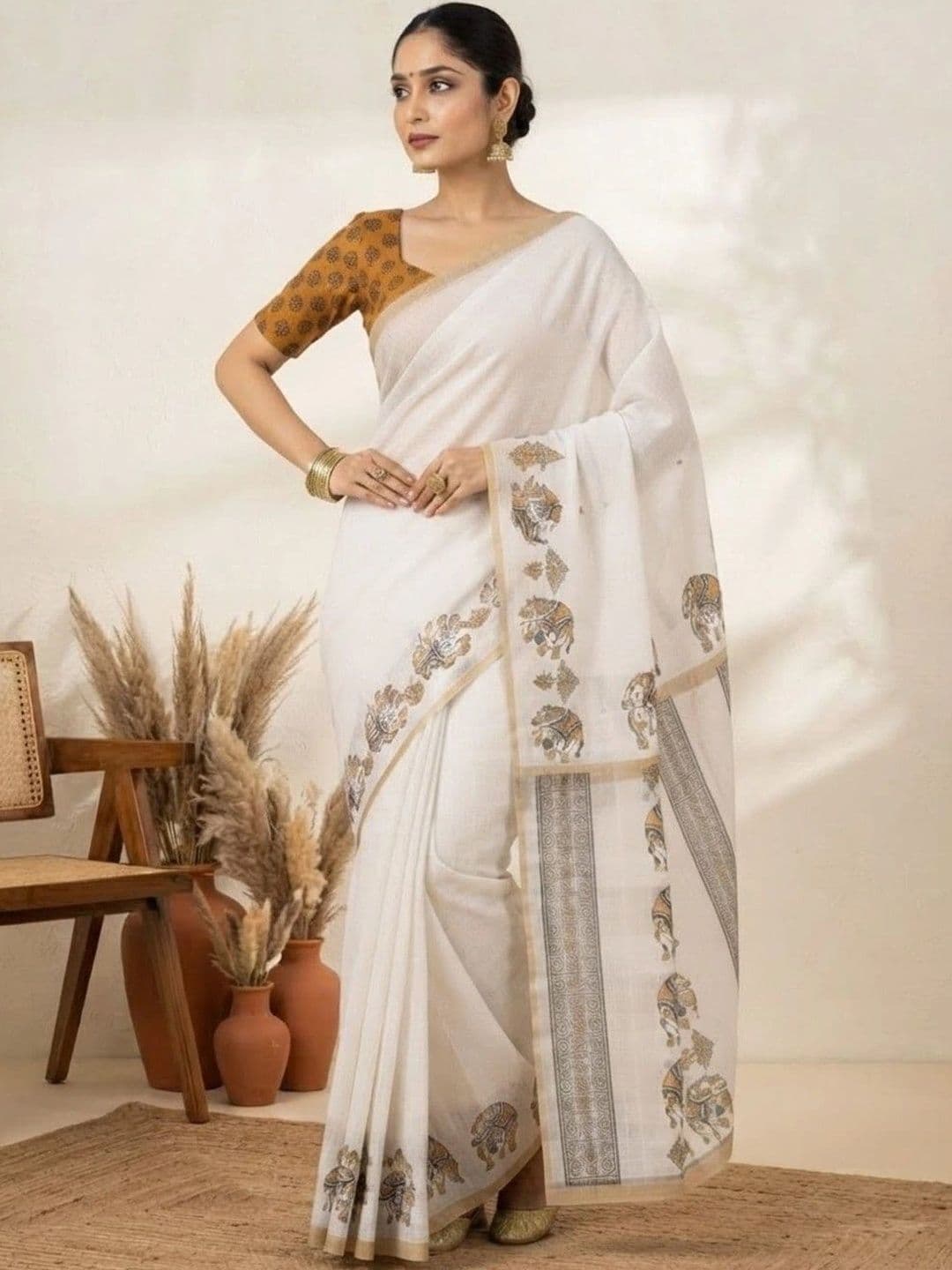 JISHNAM Floral Pure Linen Khadi Saree - view 1