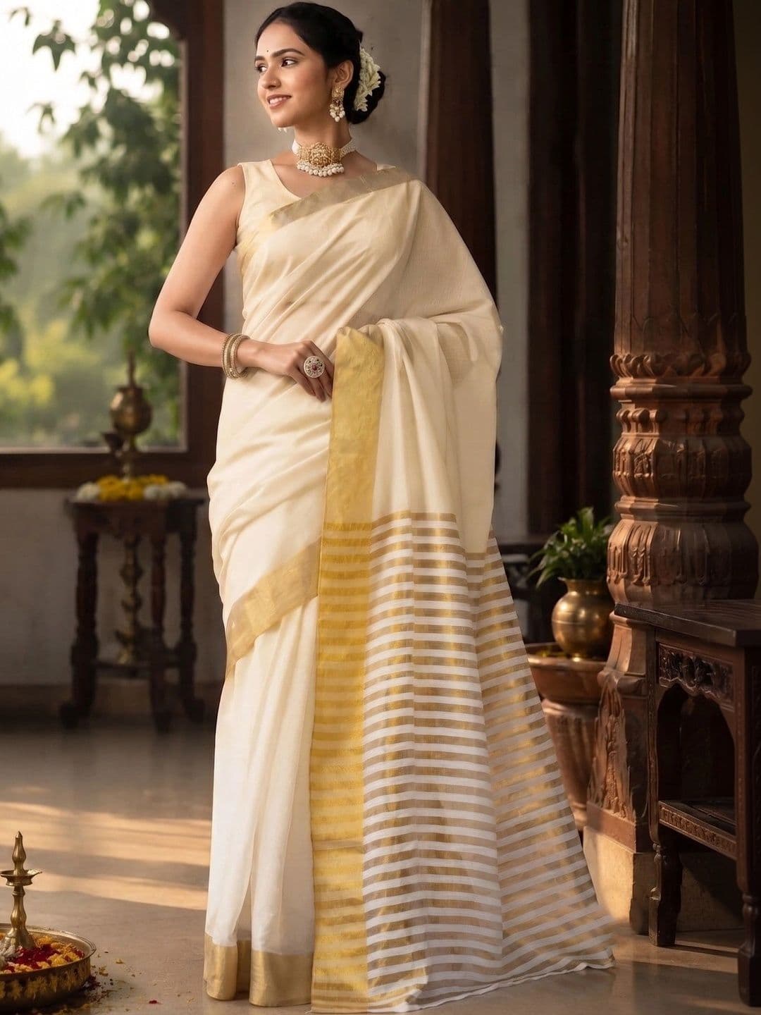 Moda Rapido Striped Zari Designer Kasavu Saree - view 1