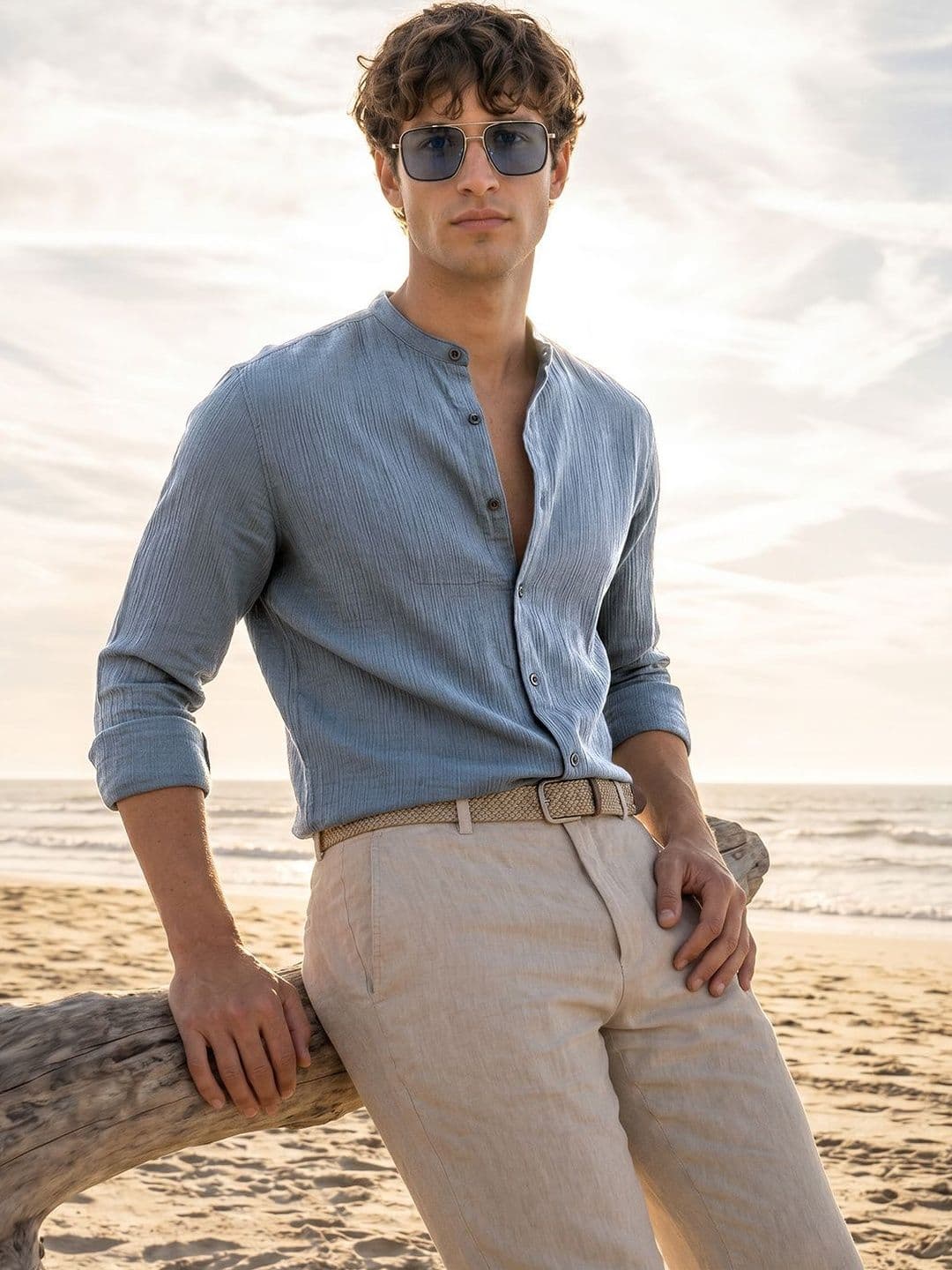 The Indian Garage Co Men Slim Fit Textured Mandarin Collar Resortwear Shirt - view 1