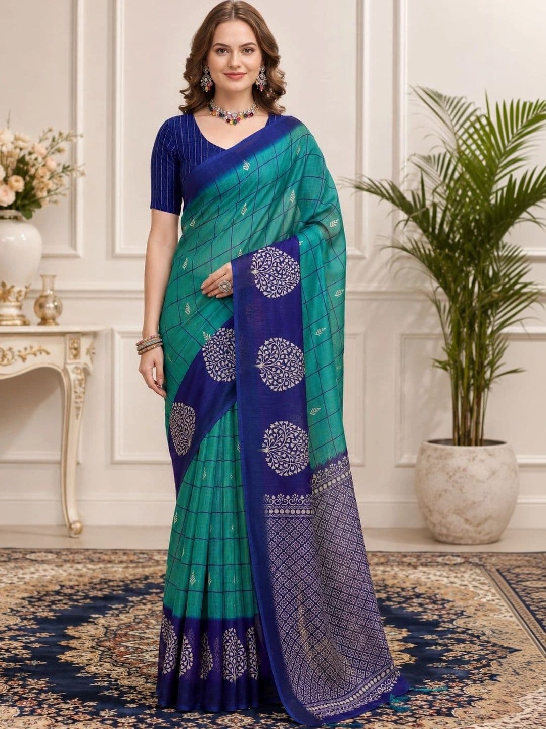 Mitera Ethnic Motifs Zari Linen Blend Designer Block Print Saree - view 1