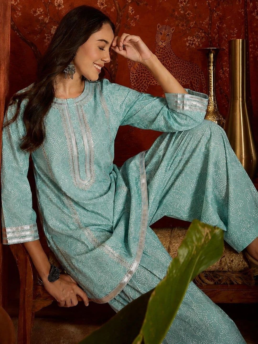 Sangria Women Pista Bandhej Printed Rayon A-Line Kurti With Farshi Salwar - view 1