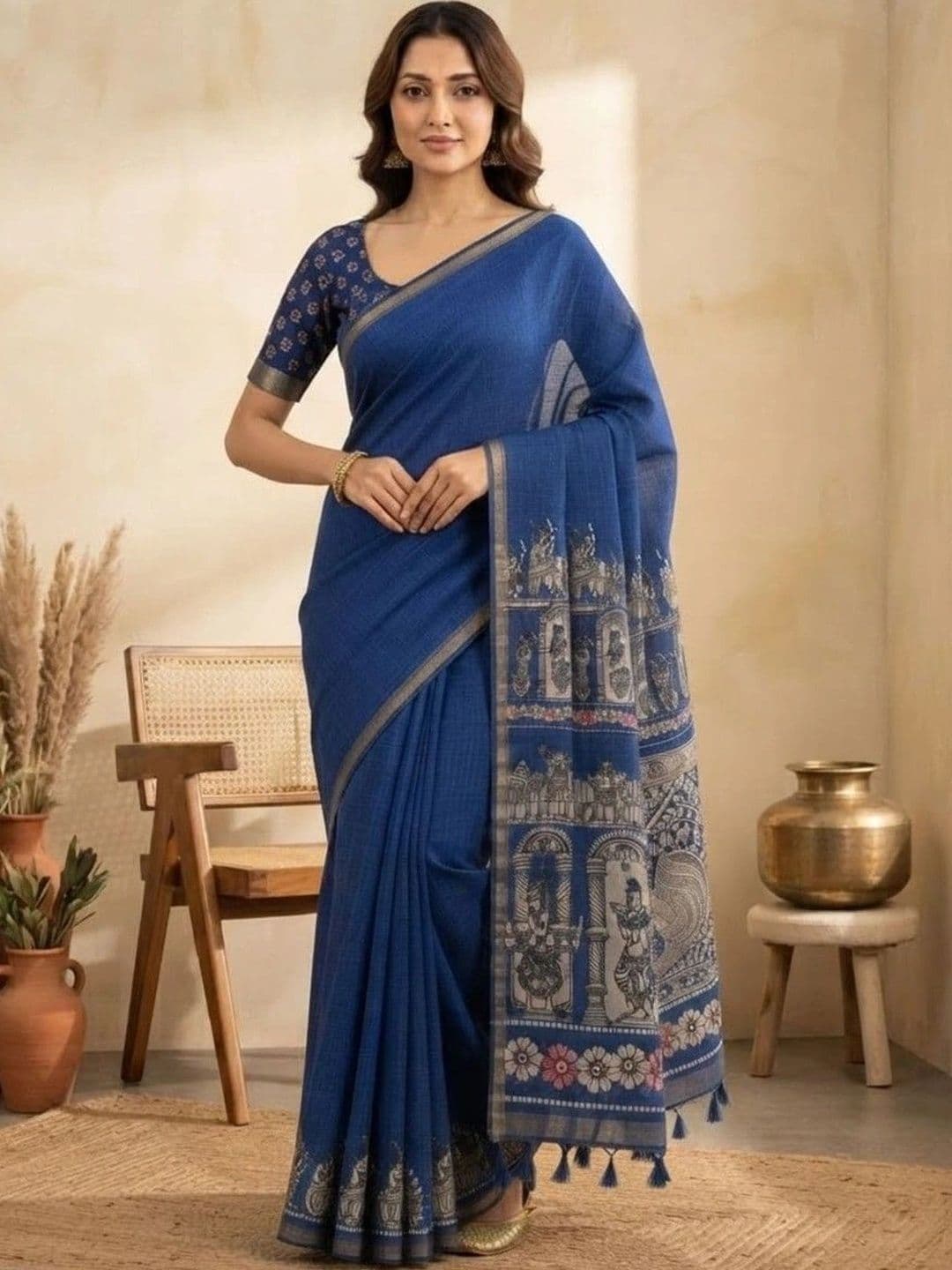 JISHNAM Floral Pure Linen Khadi Saree - view 1