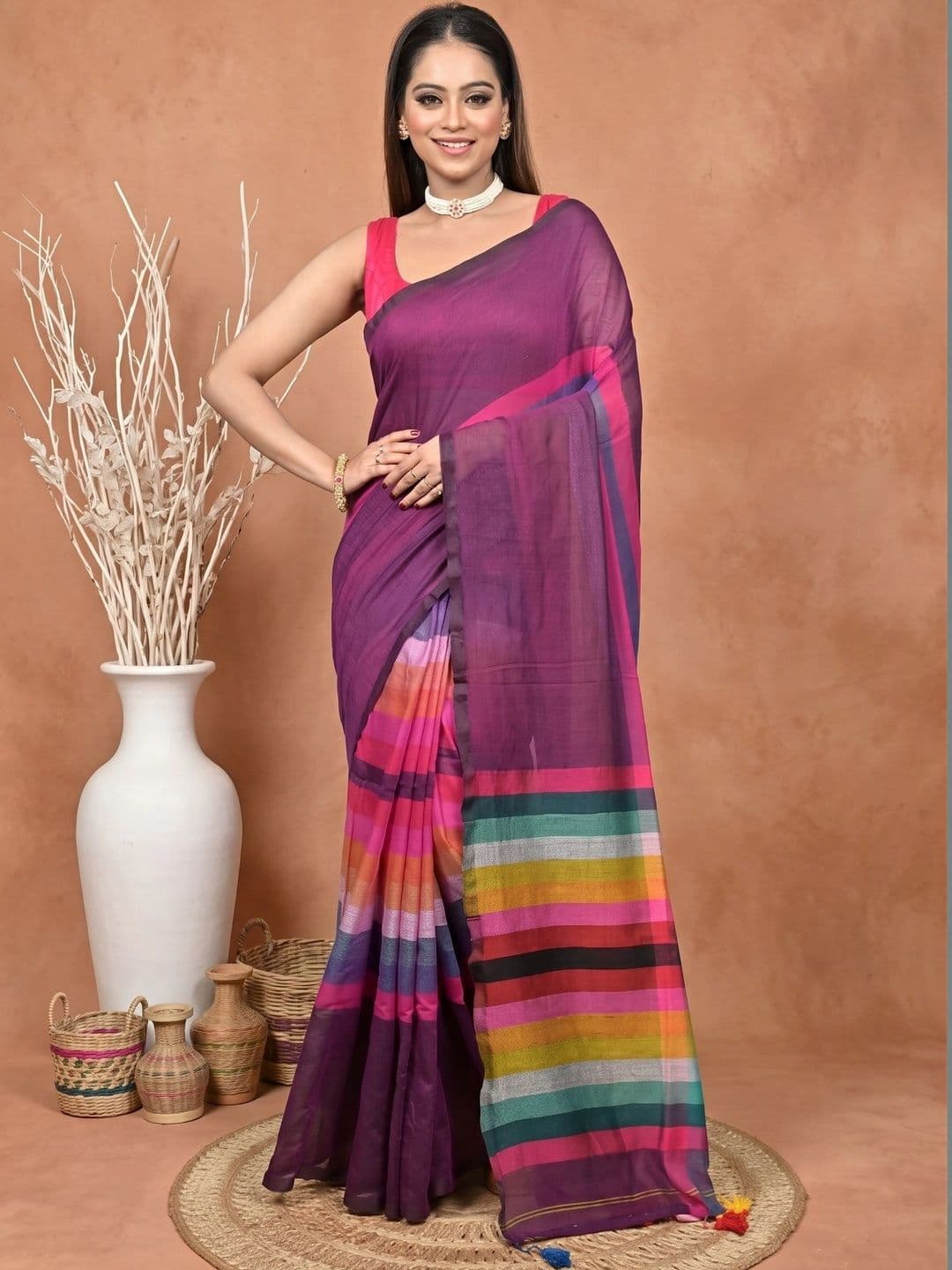 DipDiya Striped Sequinned Pure Cotton Handloom Taant Saree - view 1