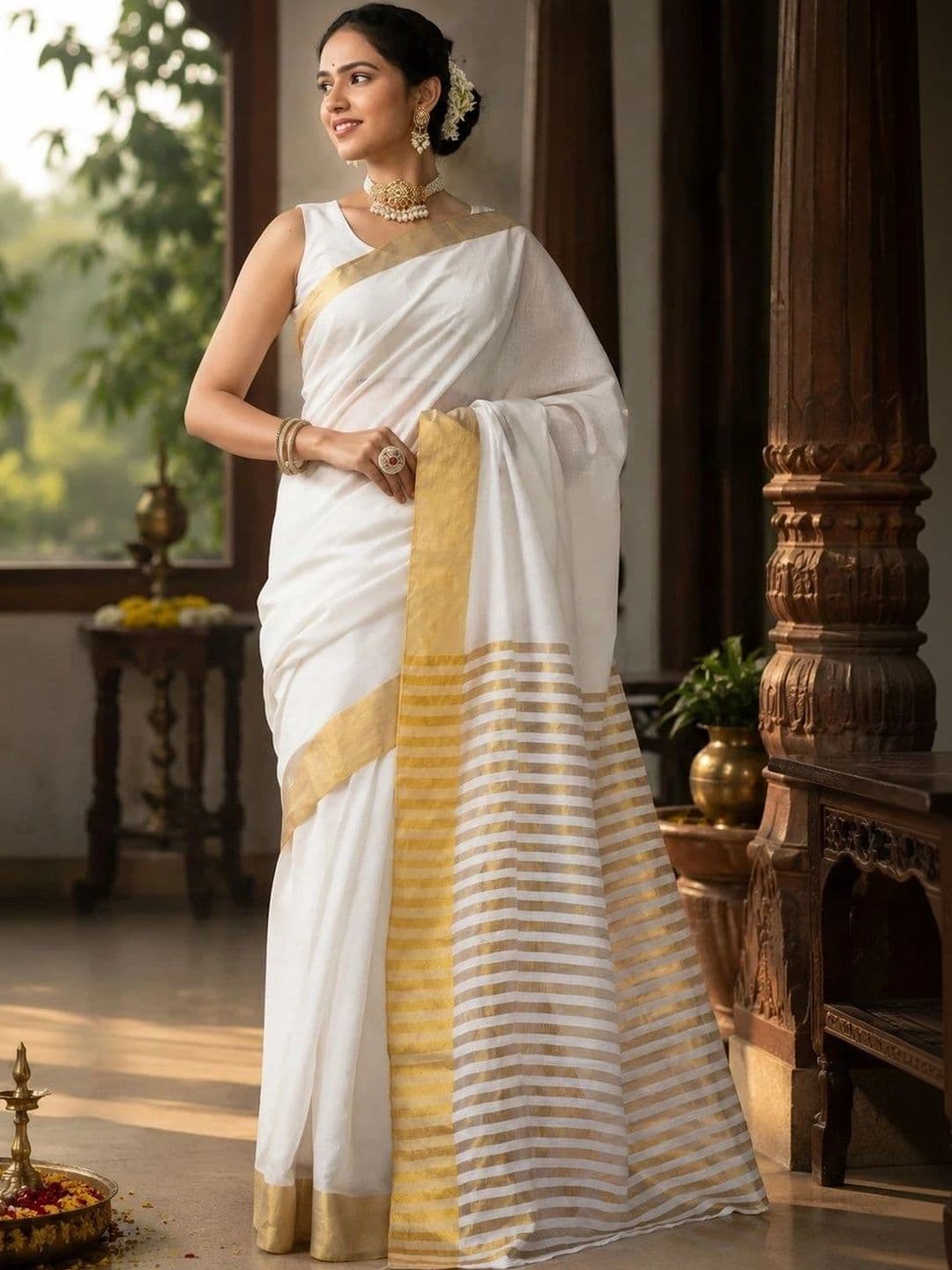 Moda Rapido Striped Zari Designer Kasavu Saree - view 1