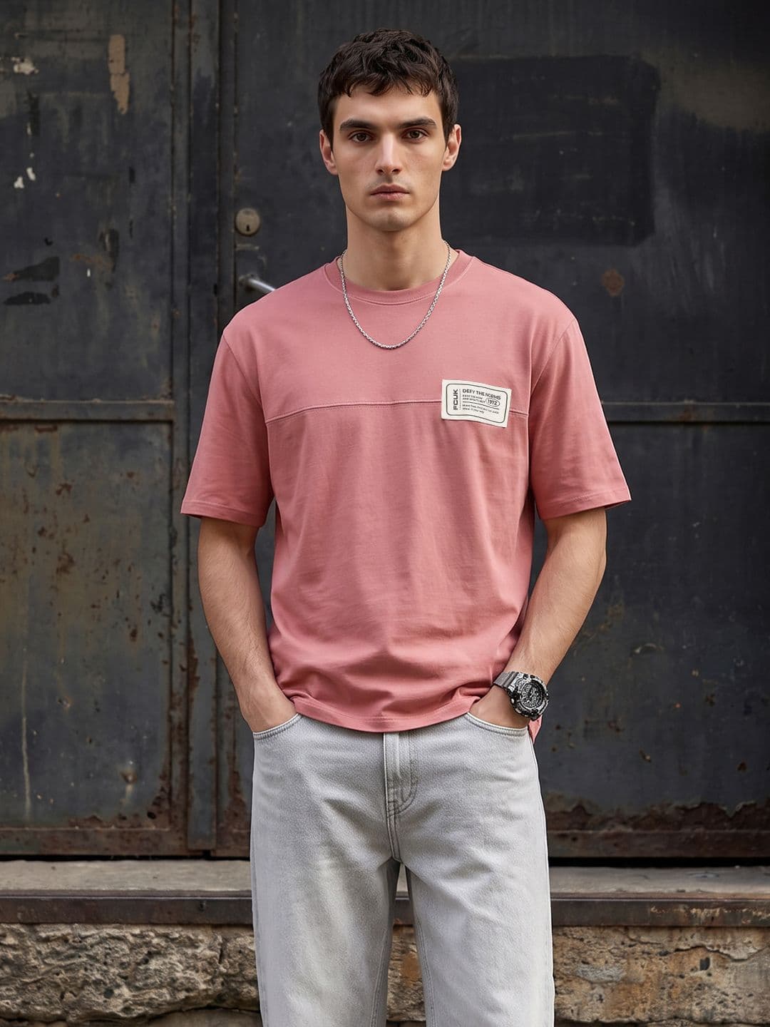 FCUK Drop-Shoulder Sleeves Pure Cotton Relaxed Fit T-shirt - view 1