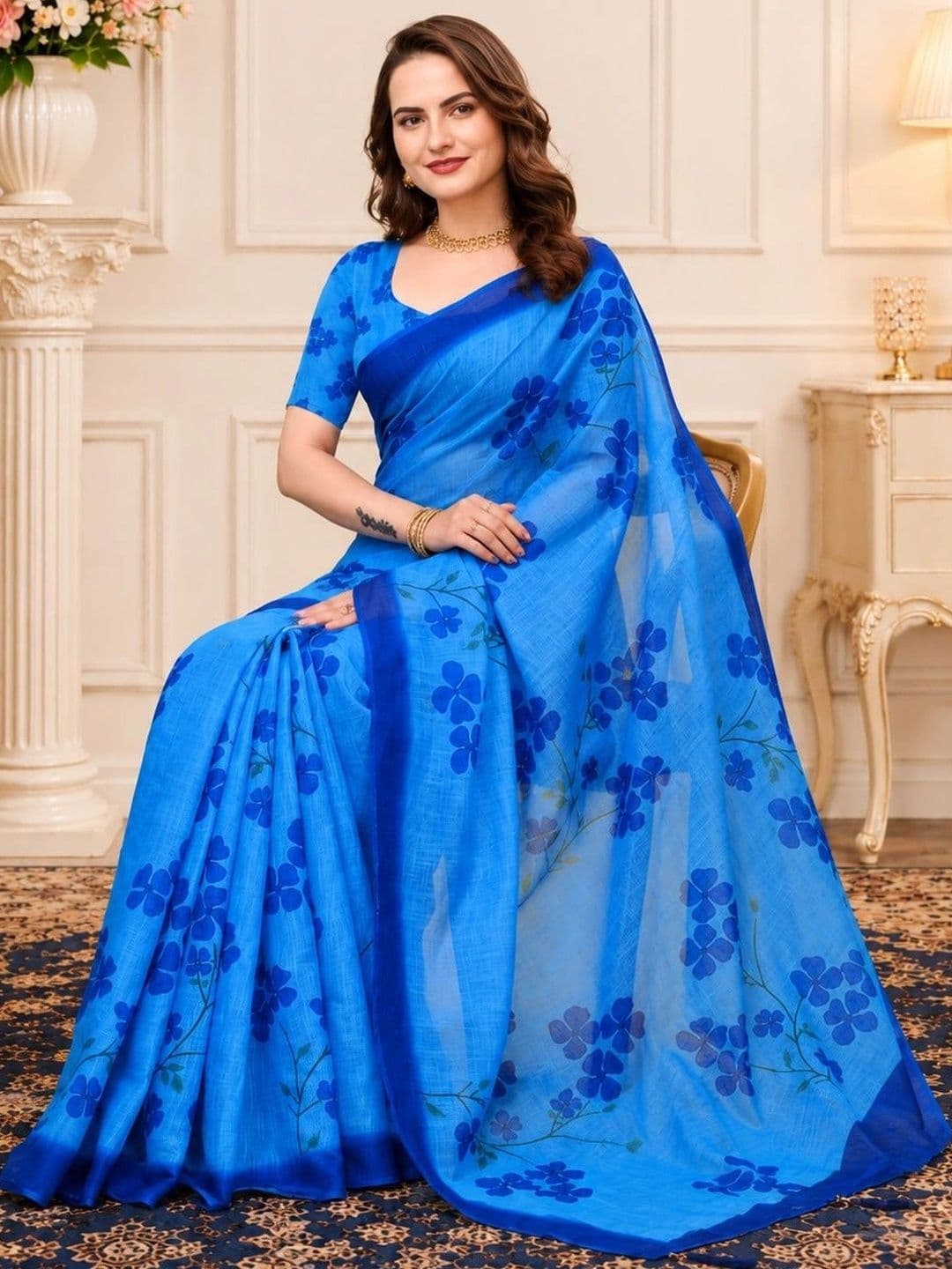 DIVASTRI Floral Zari Linen Blend Designer Block Print Saree - view 1
