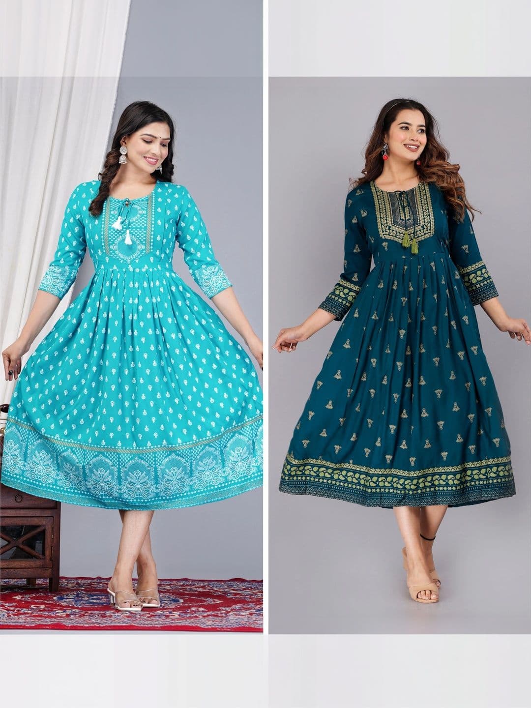 Vorcia Febtex Pack Of 2 Printed Calf-Length Fit & Flared Ethnic Dress - view 1