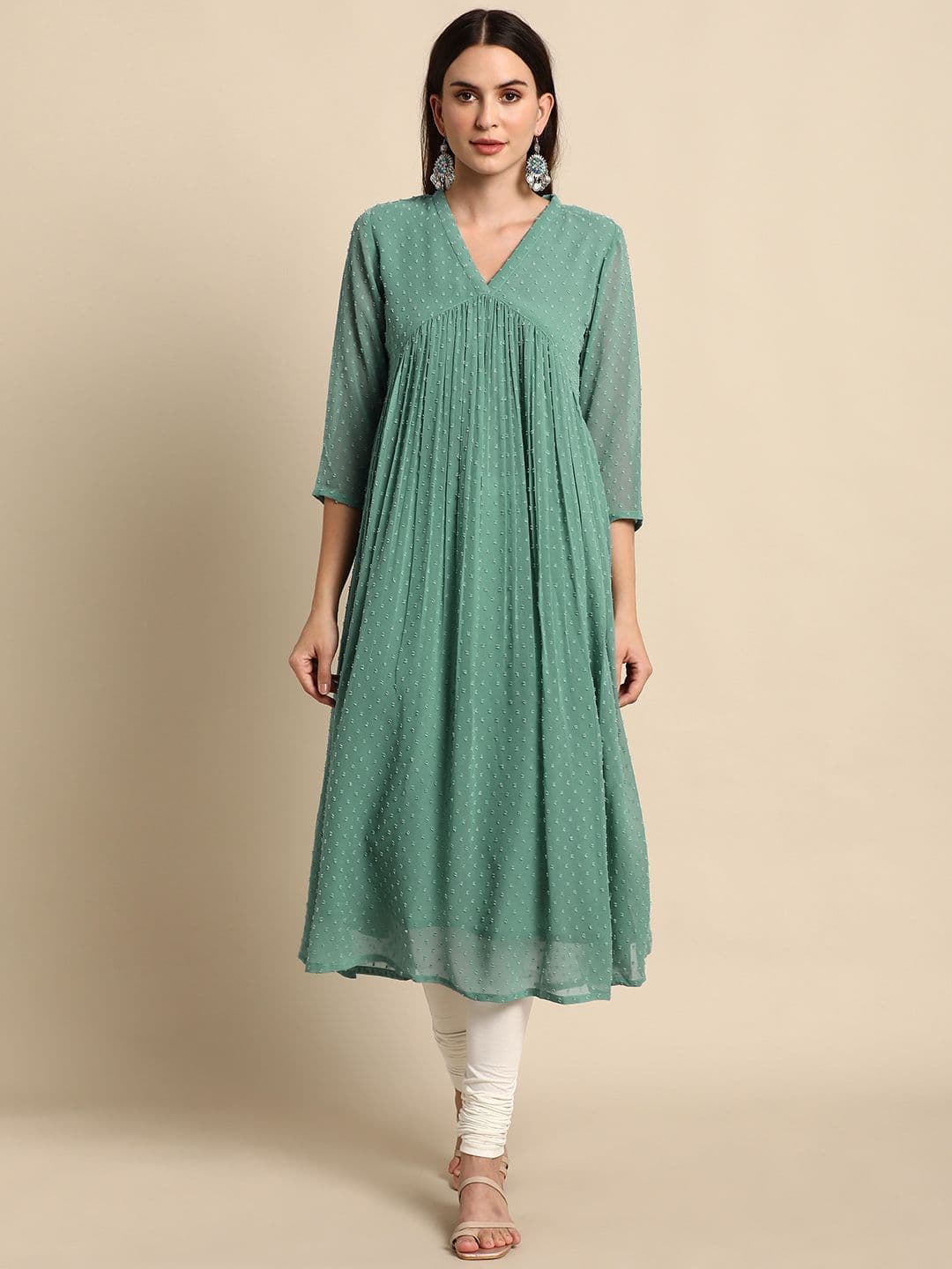 Janasya Women's Green Chiffon Self Design Flared Kurta - view 1