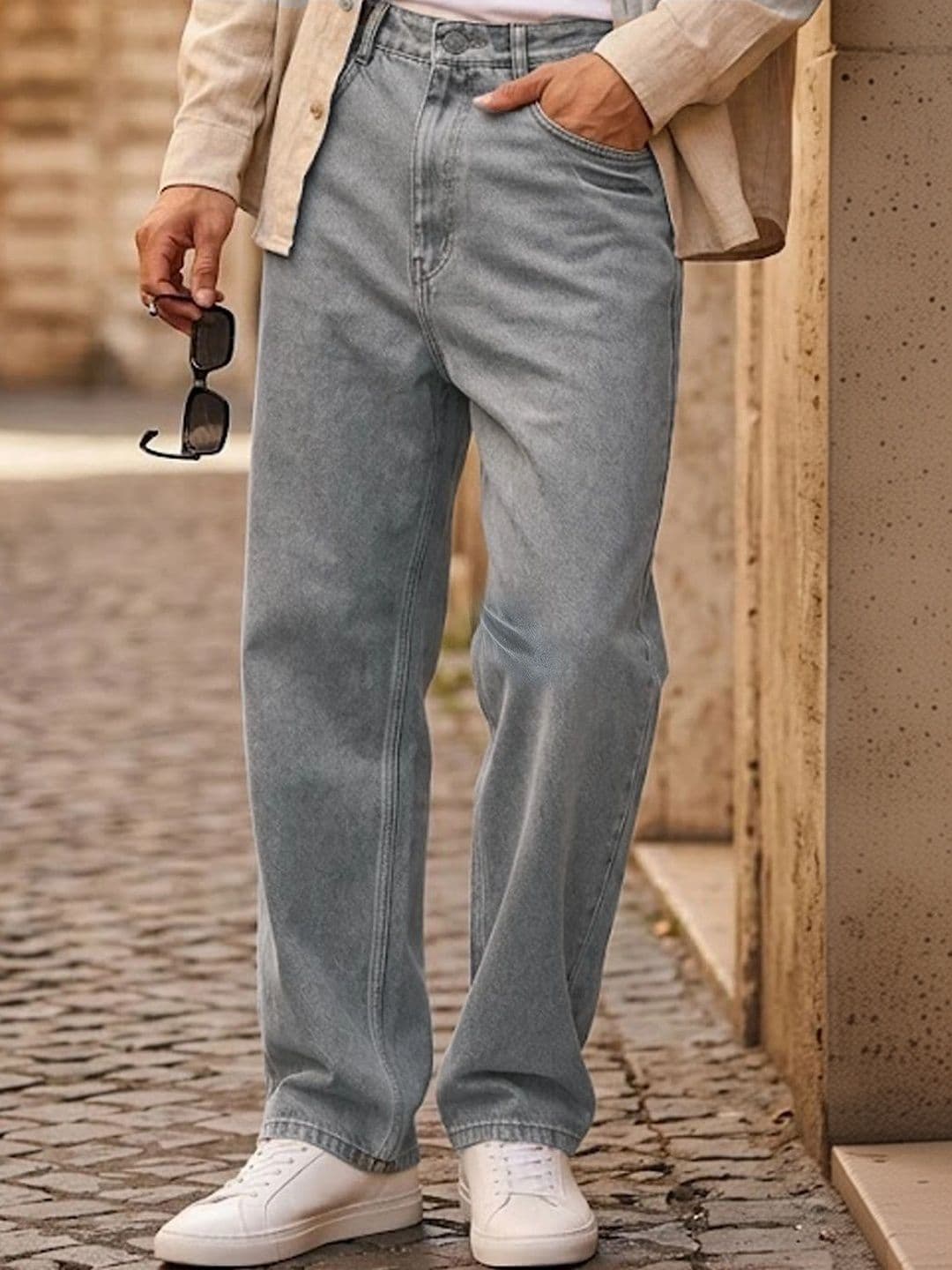 Urbano Fashion Men's Ice Grey Loose Baggy Fit Non-Stretchable Washed Cotton Jeans - view 1