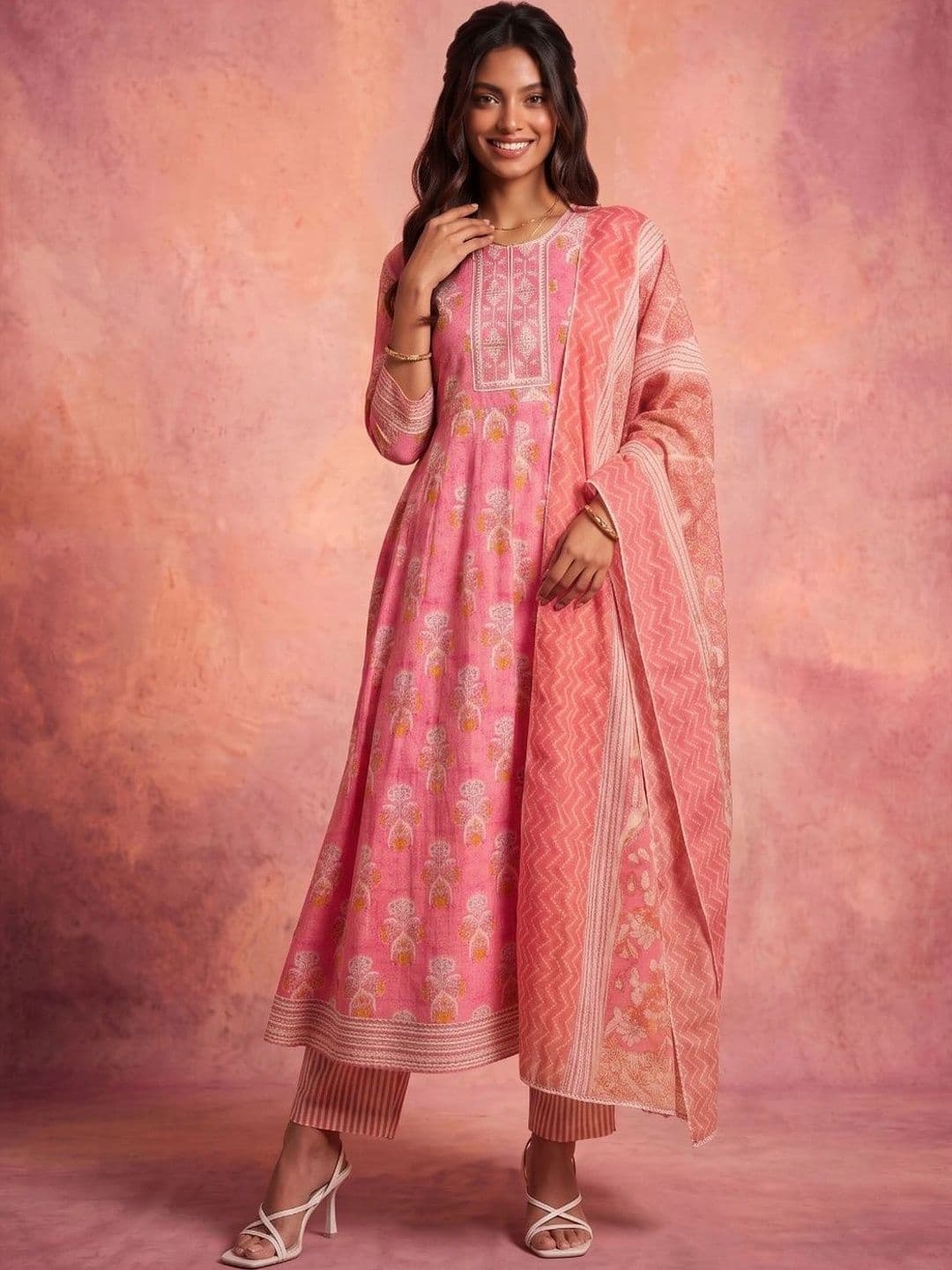 KINDA DESI Women Ethnic Motifs Printed Regular Kurta with Trousers & With Dupatta - view 1