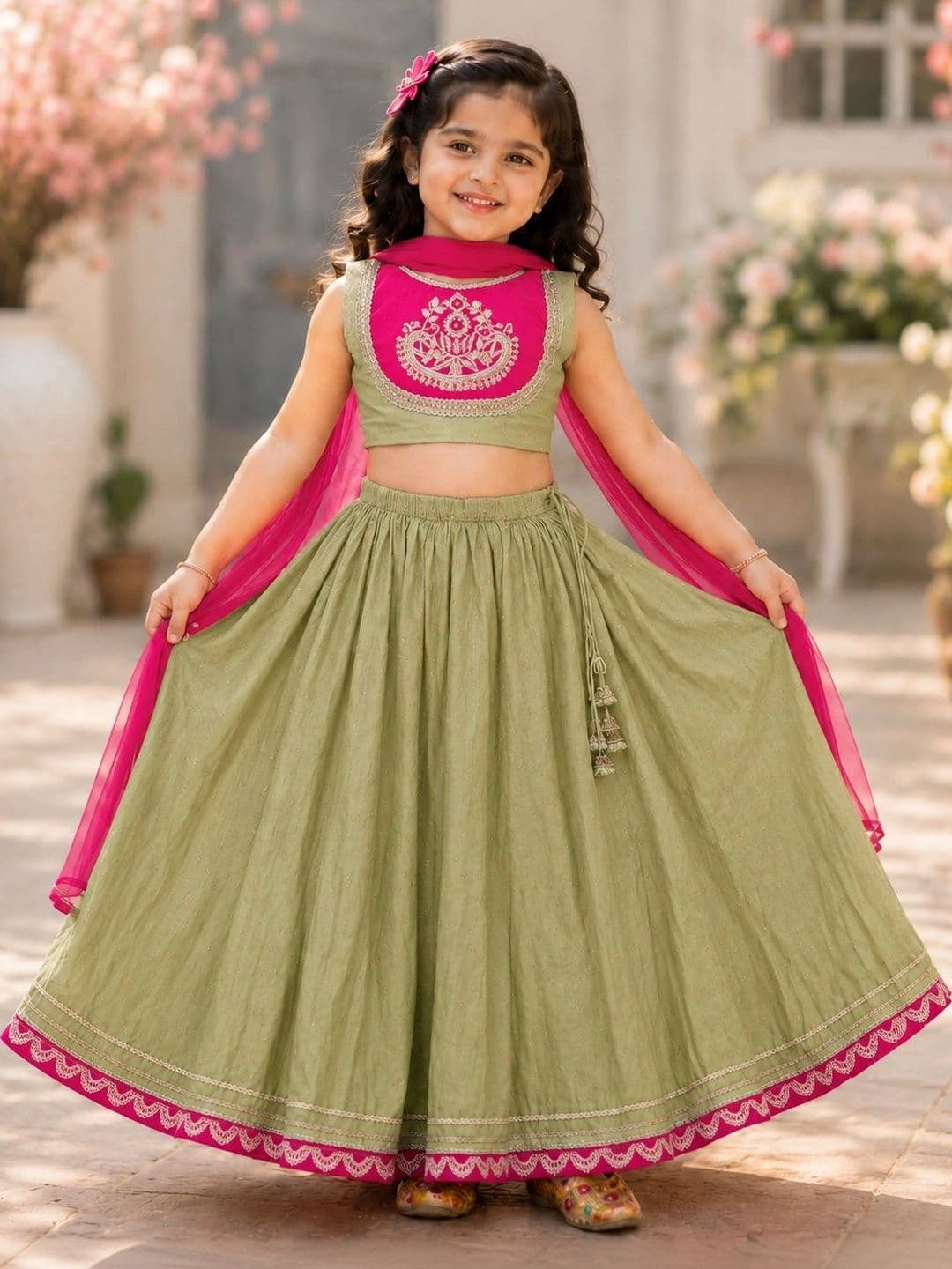 DRISHIV ENTERPRISE Girls Embroidered Work Ready to Wear Lehenga & Blouse With Dupatta - view 1