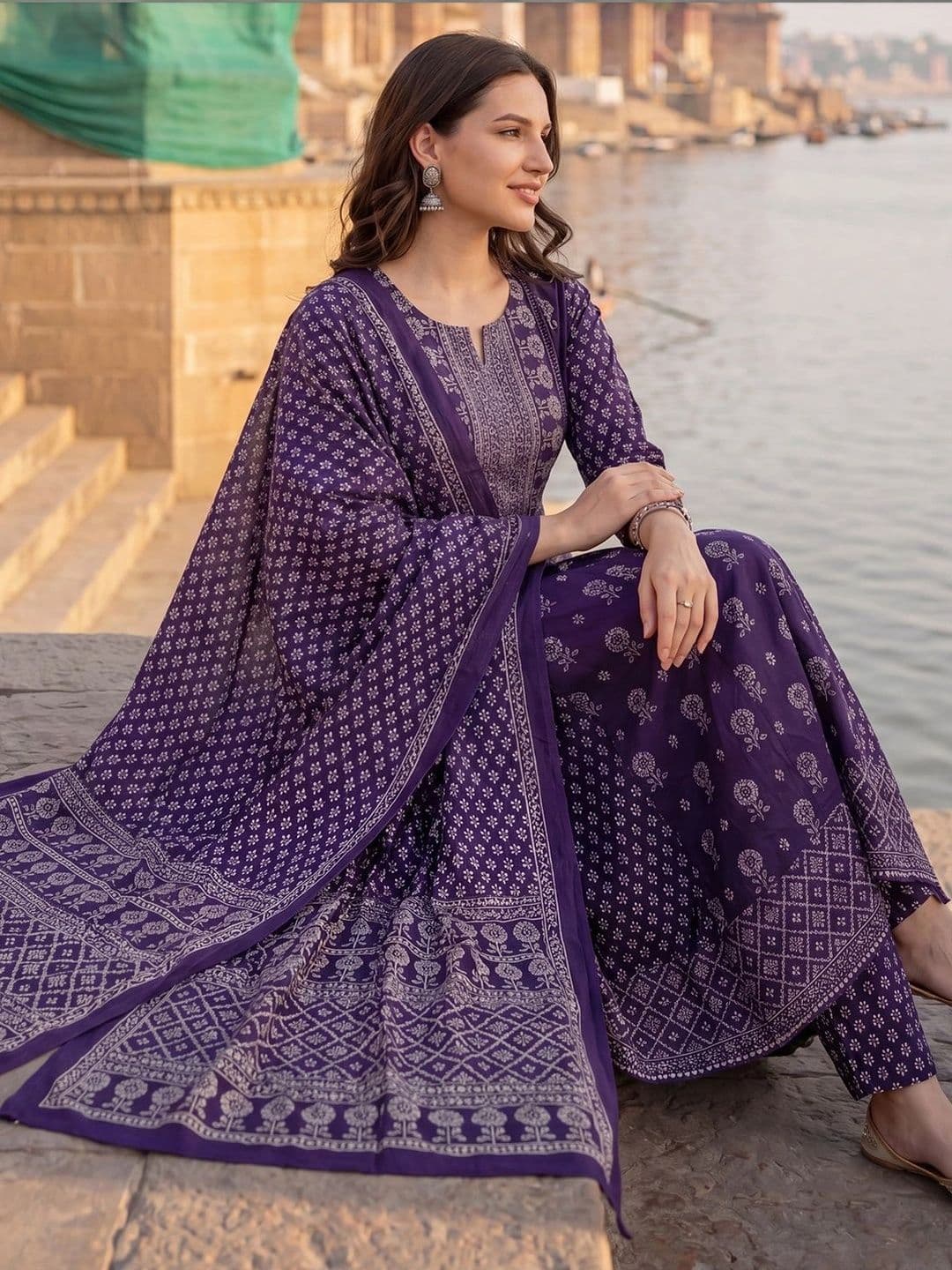 Indo Era Women Ethnic Motifs Printed Regular Pure Cotton Kurta with Trousers & With Dupatta - view 1