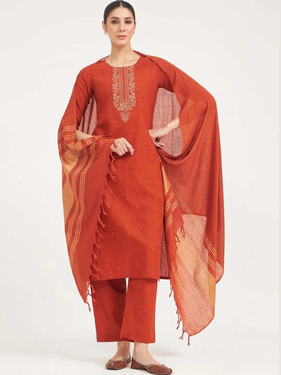 FIORRA Women Ethnic Motifs Embroidered Regular Thread Work Linen Kurta with Trousers & With Dupatta - view 1