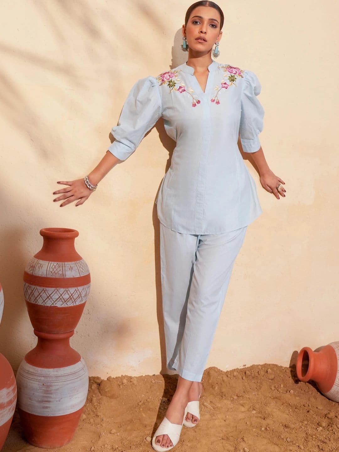 Sangria Romantic Florals Cotton Embroidered Tunic with Trousers - view 1