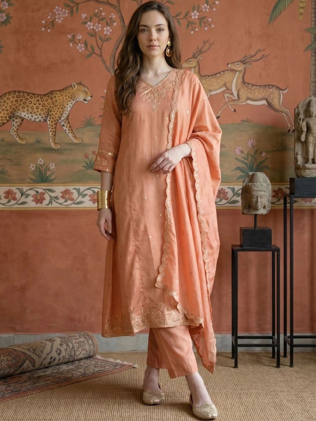 Sangria Women Floral Embroidered Regular Thread Work Kurta with Trousers & With Dupatta - view 1