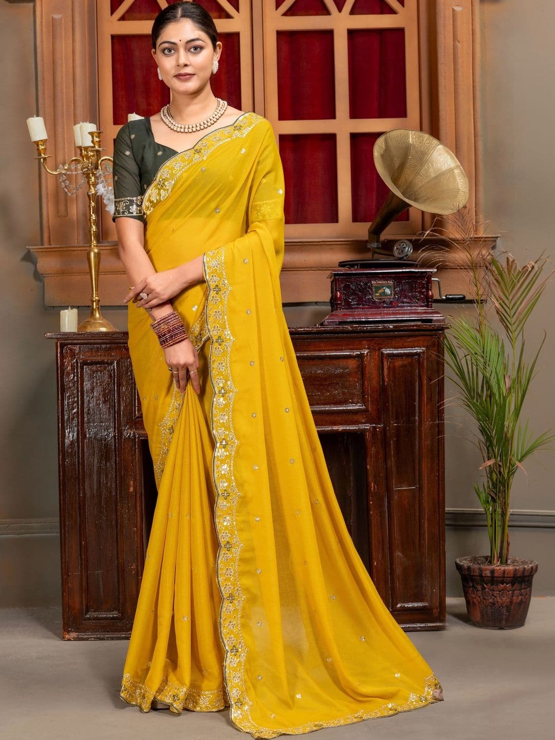 Sorathiya Enterprise Embellished Embroidered Poly Georgette Saree - view 1