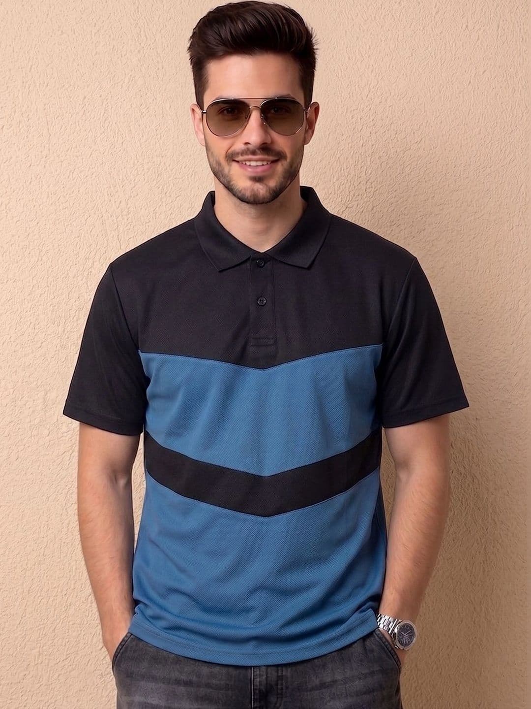 AIN6 Men Colourblocked Polo Collar T-shirt - view 1