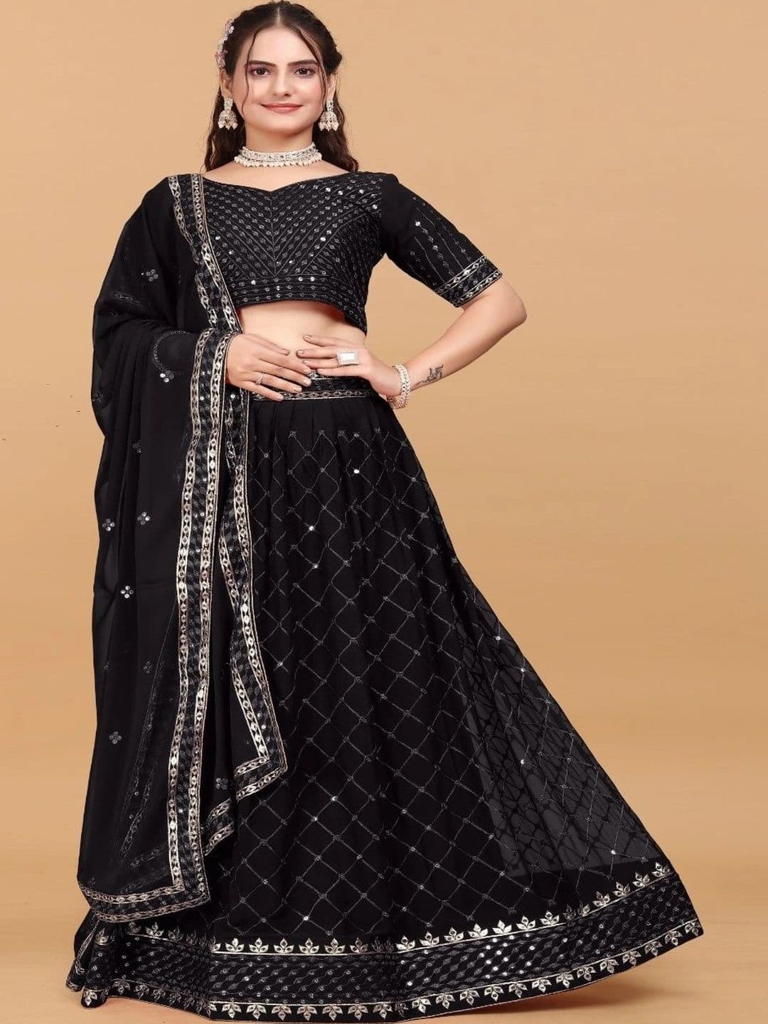 Chandbaali Embellished Mirror Work Semi-Stitched Lehenga & Blouse Taping - view 1