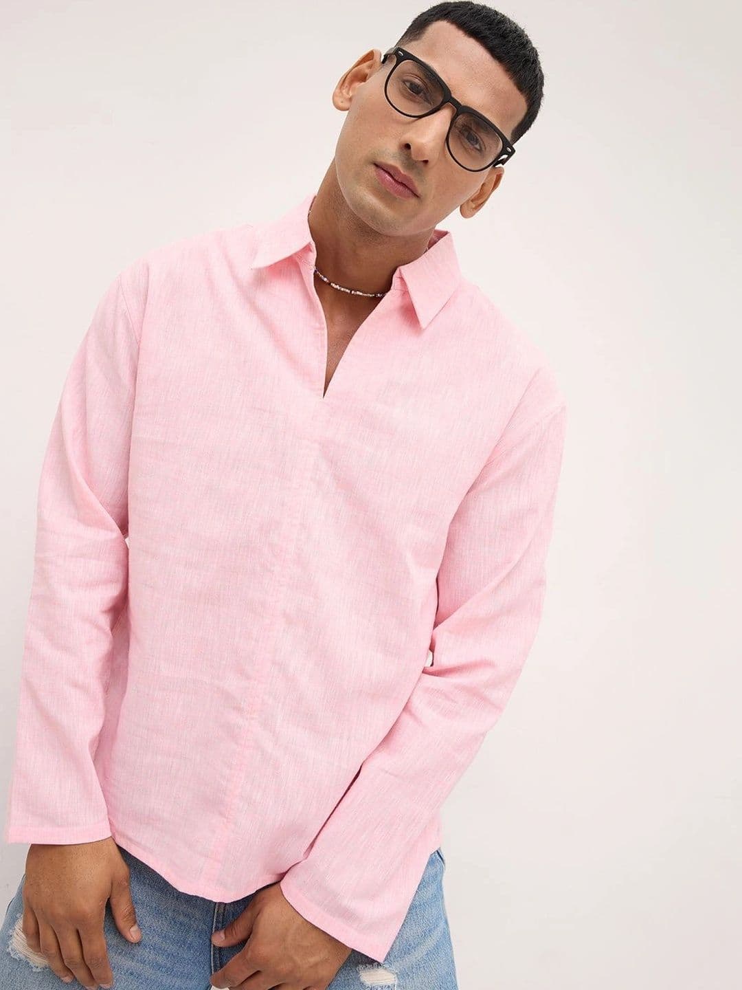 VASTRADO Soft Pink Textured Center Seam Oversized Polo Shirt - view 1