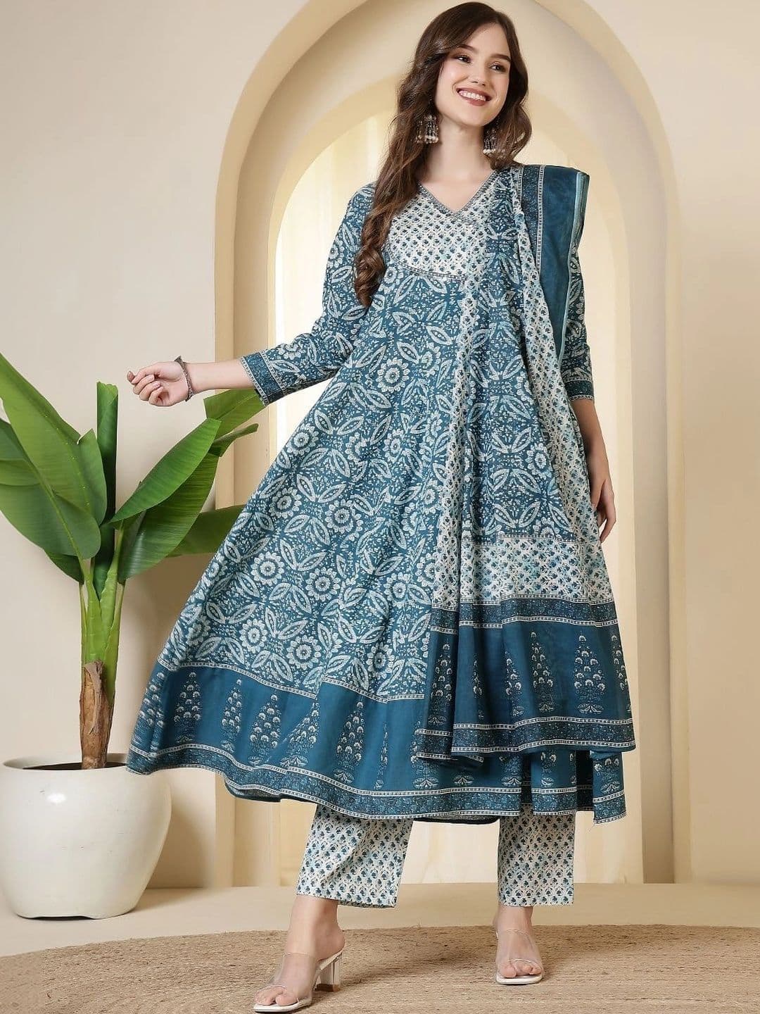 Sangria Women Ethnic Motifs Printed Angrakha Pure Cotton Kurta with Trousers & With Dupatta - view 1