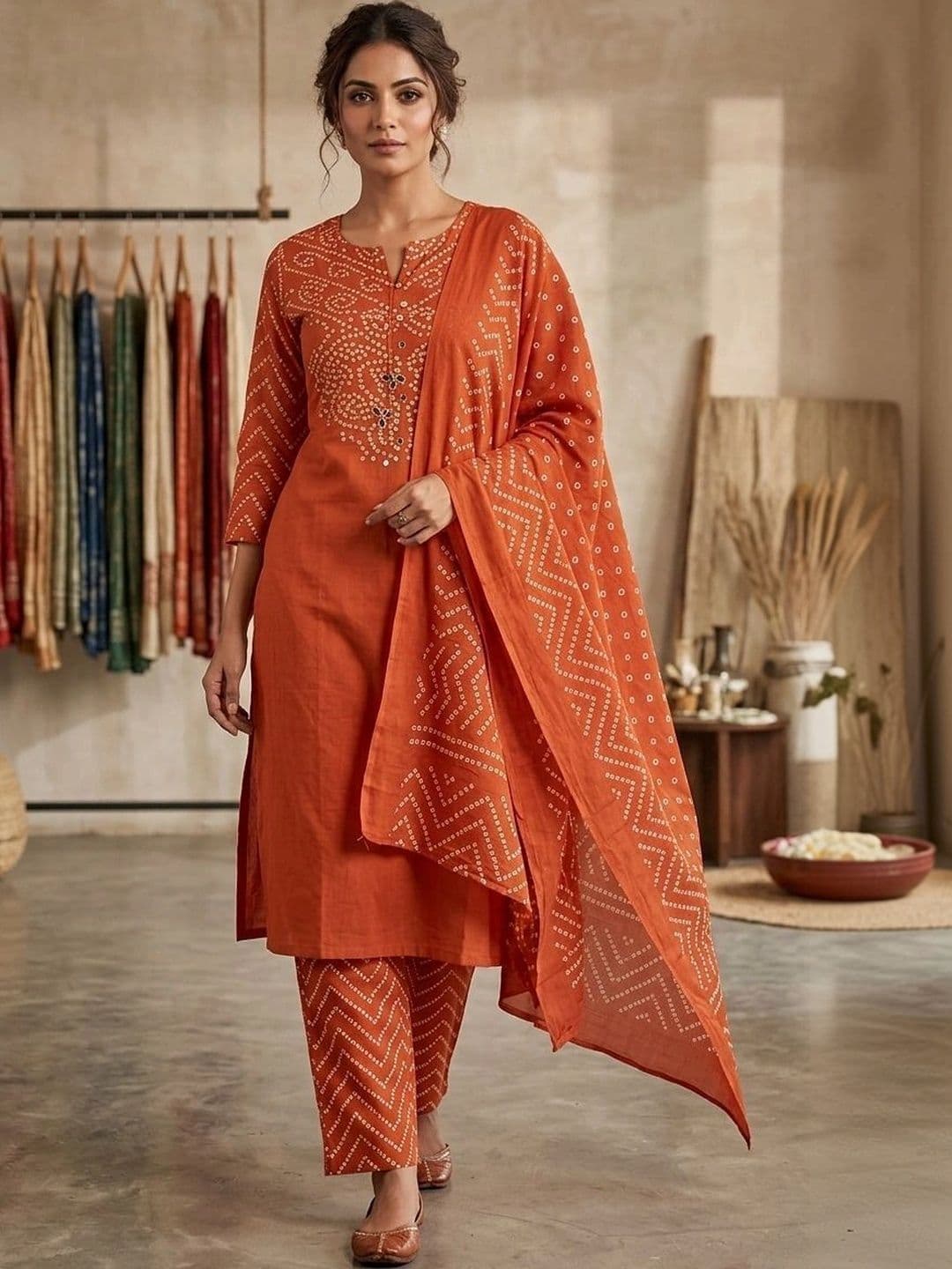 Bna Bnaya Women Ethnic Motifs Printed Regular Pure Cotton Kurta with Trousers & With Dupatta - view 1
