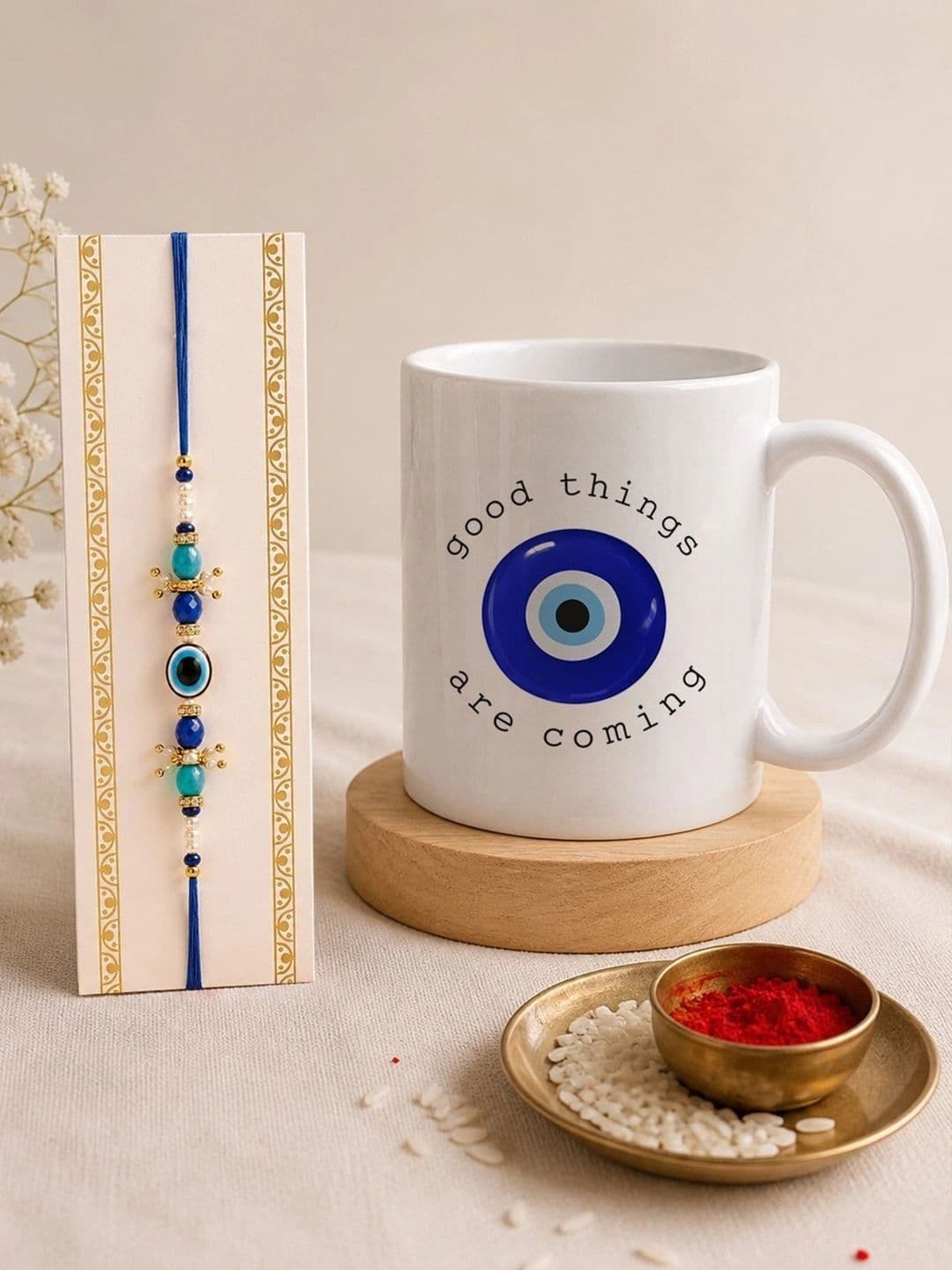 Giftii Artificial Stones Studded & Beaded Thread Rakhi With Roli Chawal & Mug Gift Set - view 1