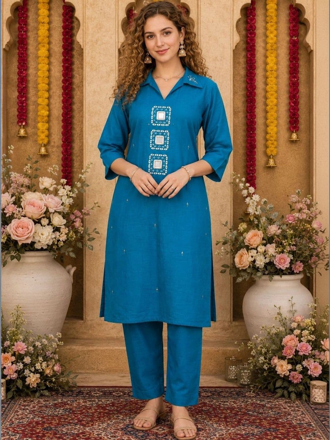 Muhuratam Women Embroidered Regular Mirror Work Kurti with Trousers - view 1