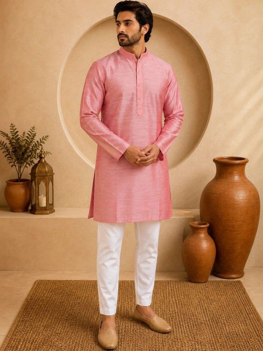 TATTVA Mandarin Collar Thread Work Cotton Straight Kurta - view 1