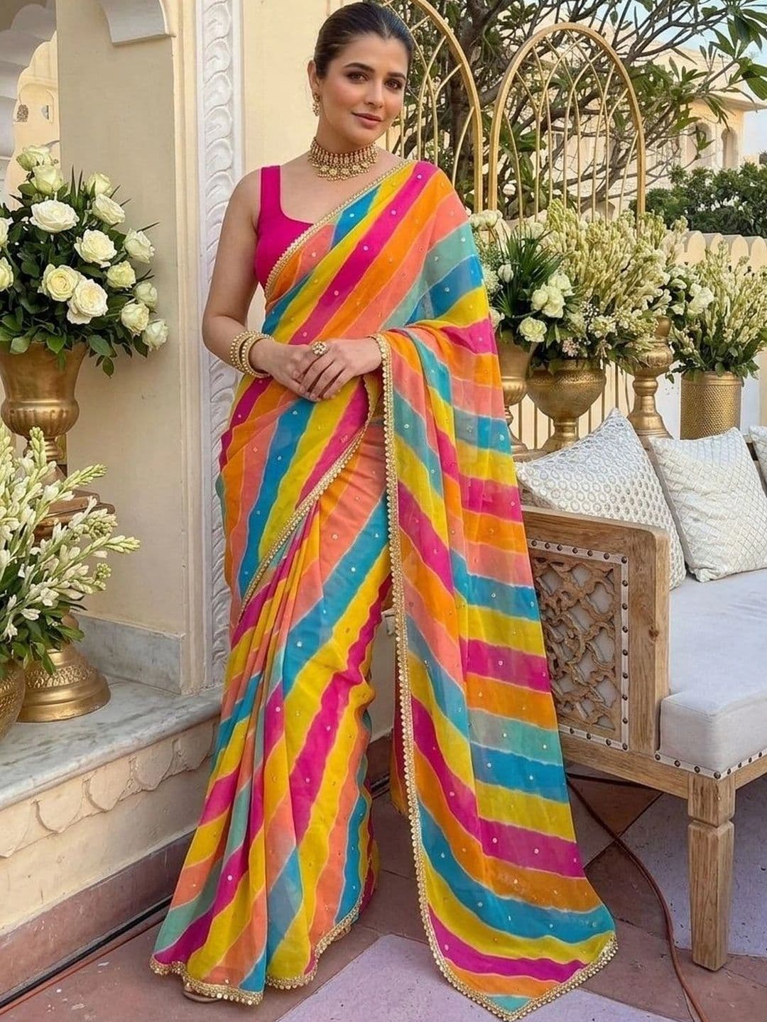 Mitera Striped Pure Georgette Leheriya Saree - view 1
