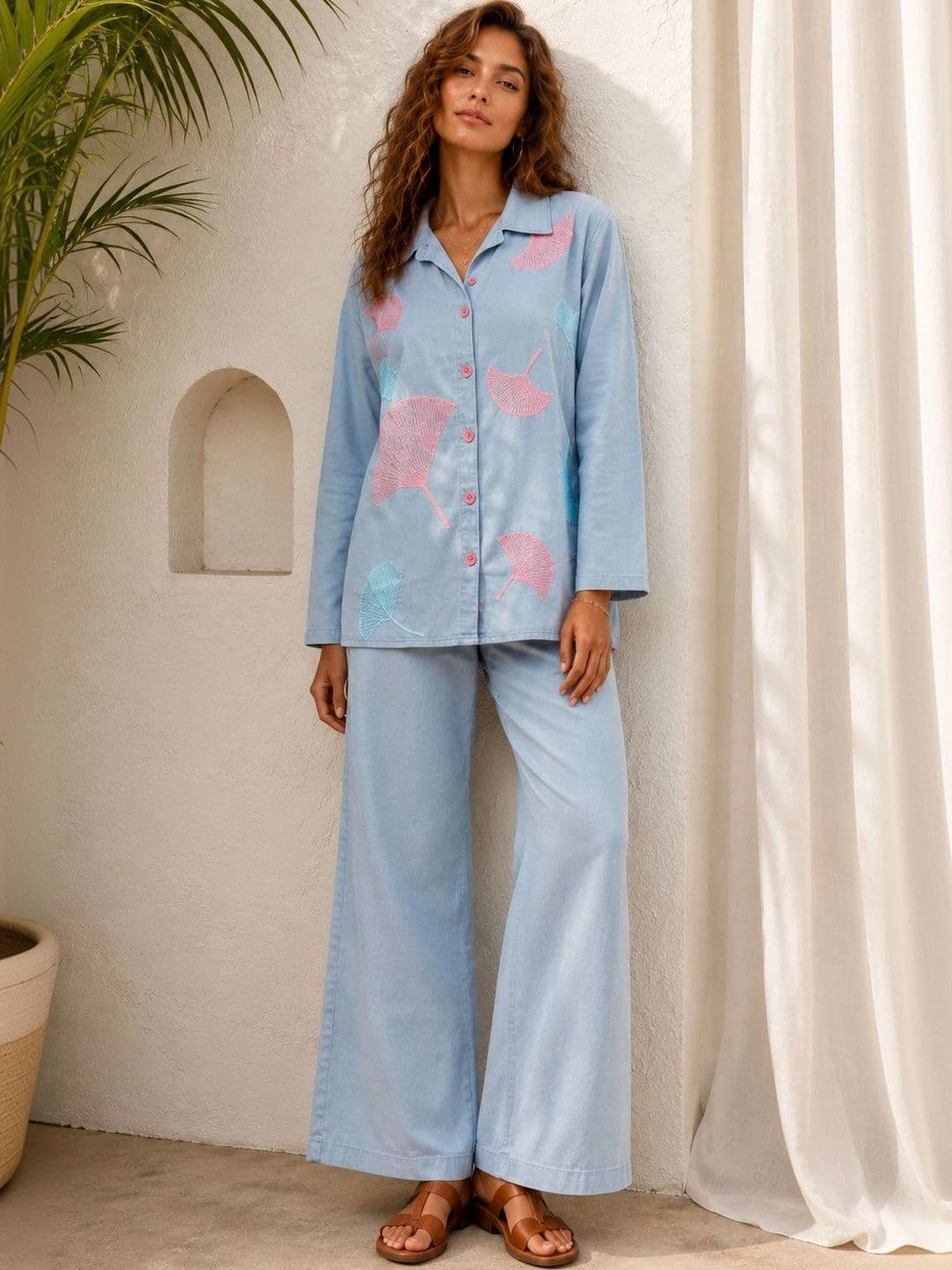 Sangria Indie Florals Cotton Embroidered Shirt with Palazzos - view 1